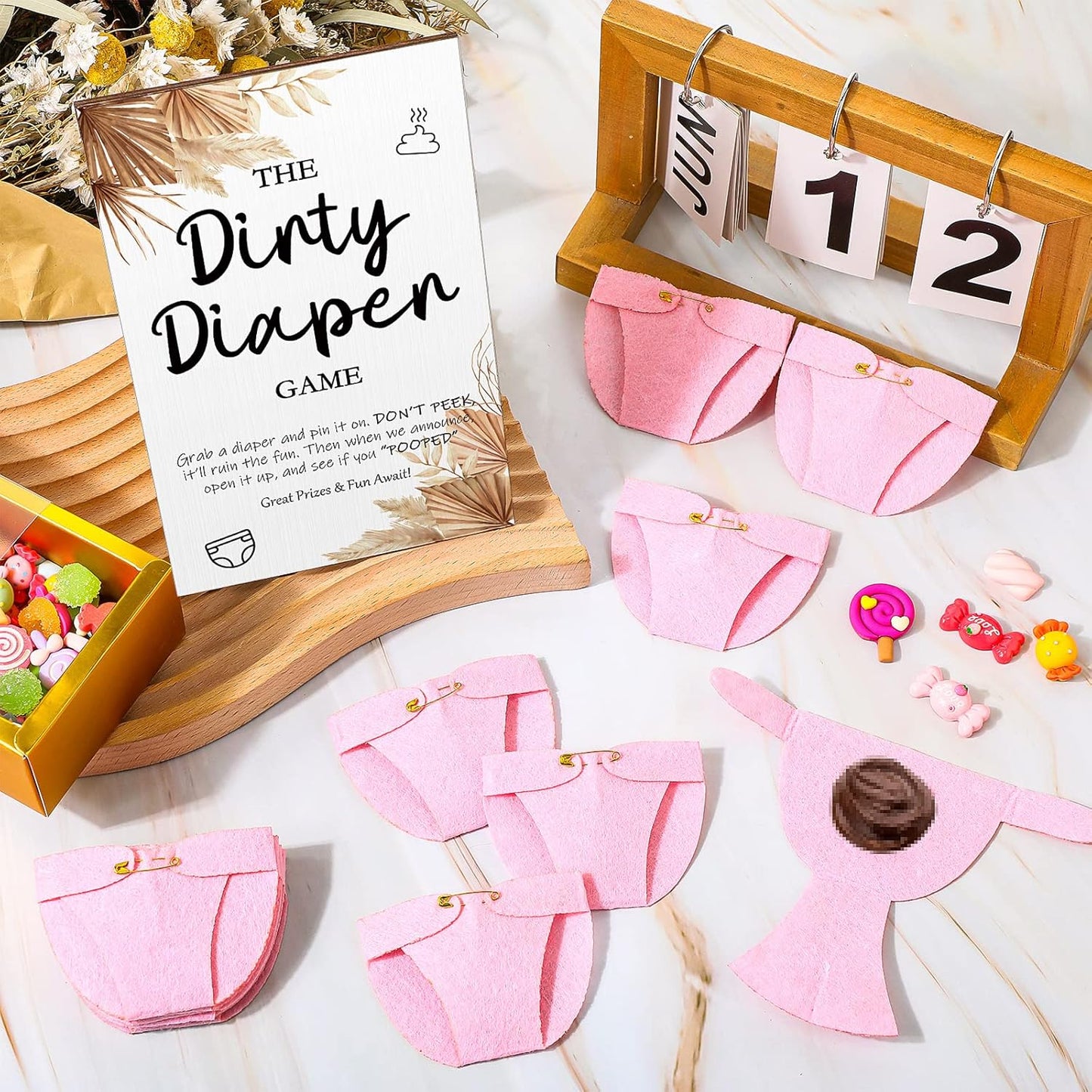 Roowest 51 Pcs Dirty Diaper Baby Shower Games Funny Wooden Sign with 50 Pcs Mini Diapers Cute Felt for Gender Reveal Party Baby Shower(Boho Pink)