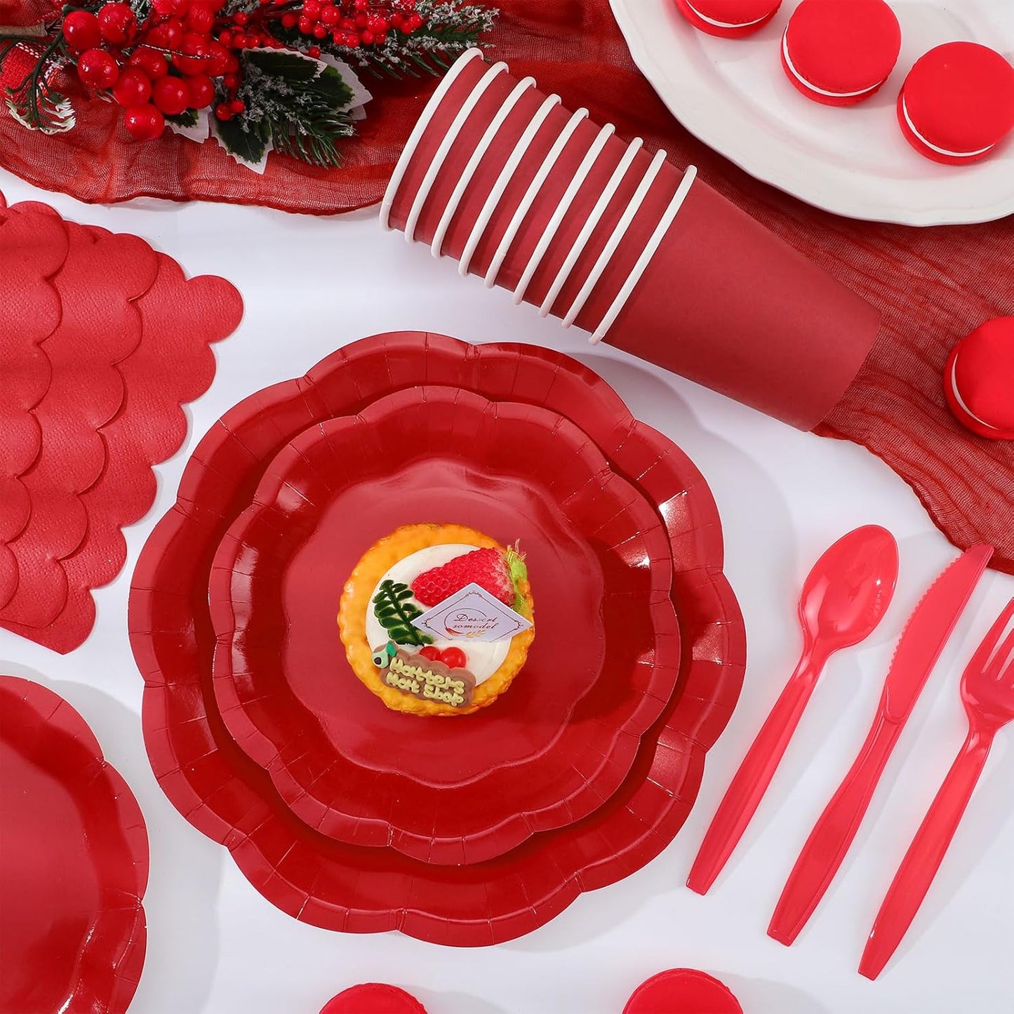175 Pcs Christmas Red Plates and Napkins Set, 25 Guest Red Party Supplies Include Scalloped Plate Paper Napkin Cup Fork Knives Disposable Plastic Cutlery for Christmas Wedding Holiday Birthday Party