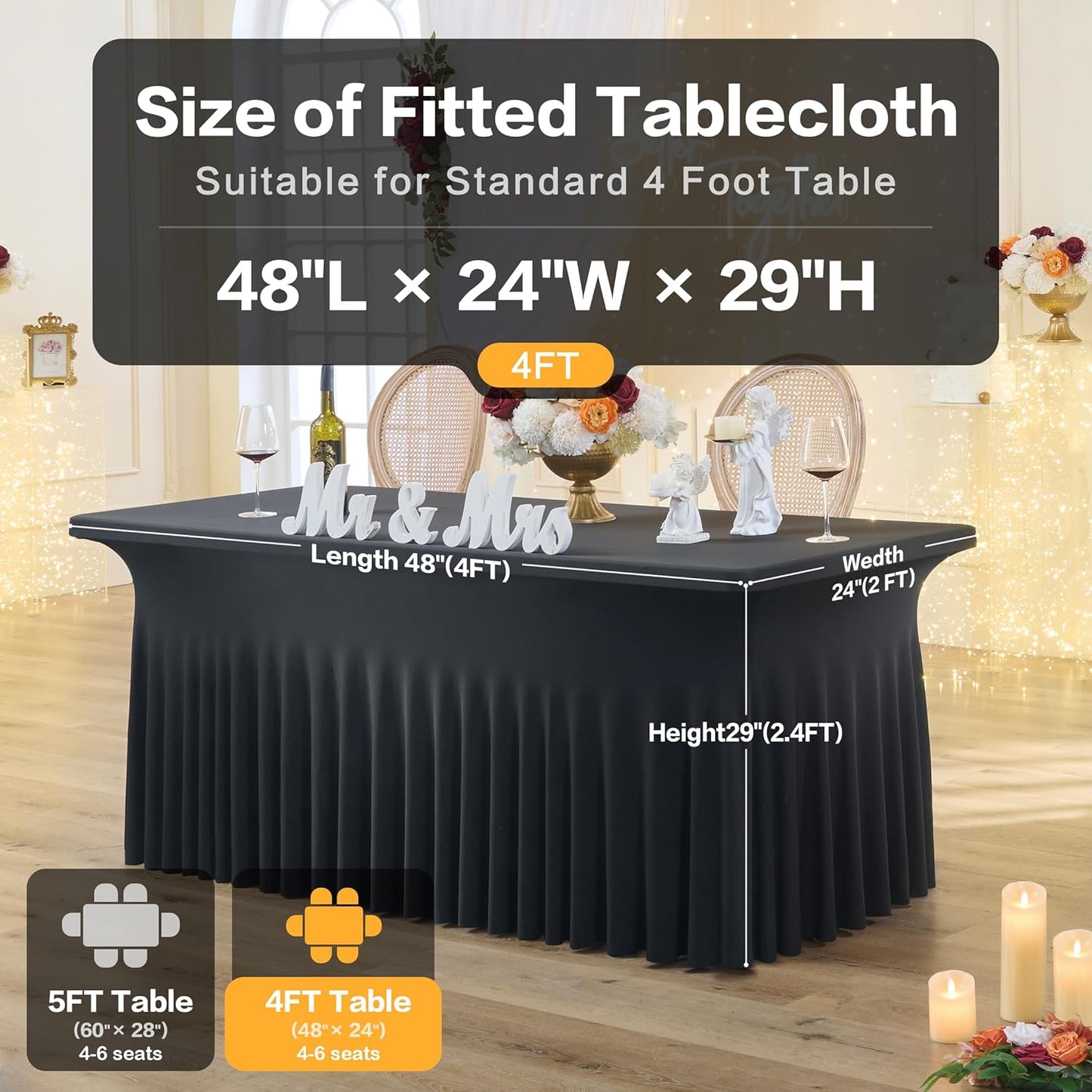 leegleri 2Pack Black Spandex Table Clothes for 4 Foot Rectangle Tables, Wrinkle Free 4ft Stretchy Table Cover, Spandex Table Skirt for 6FT Rectangle Tables-for Banquet Weddings Parties