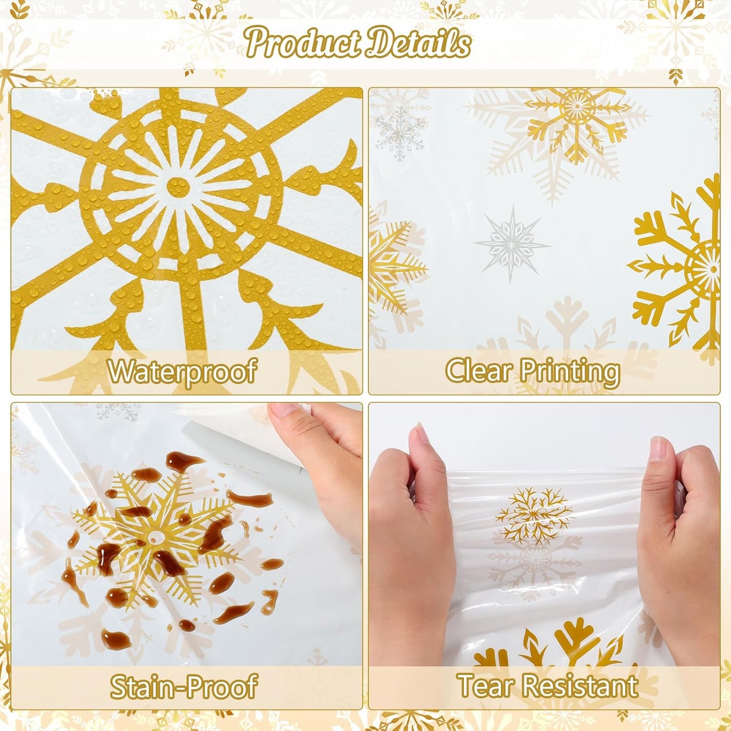 6 Pack Christmas Snowflake Plastic Tablecloth, 54 x 108Inch White and Gold Snowflake Table Cloth Disposable Waterproof Winter Snowflakes Table Cover for Winter Holiday New Year Party Supplies Decor