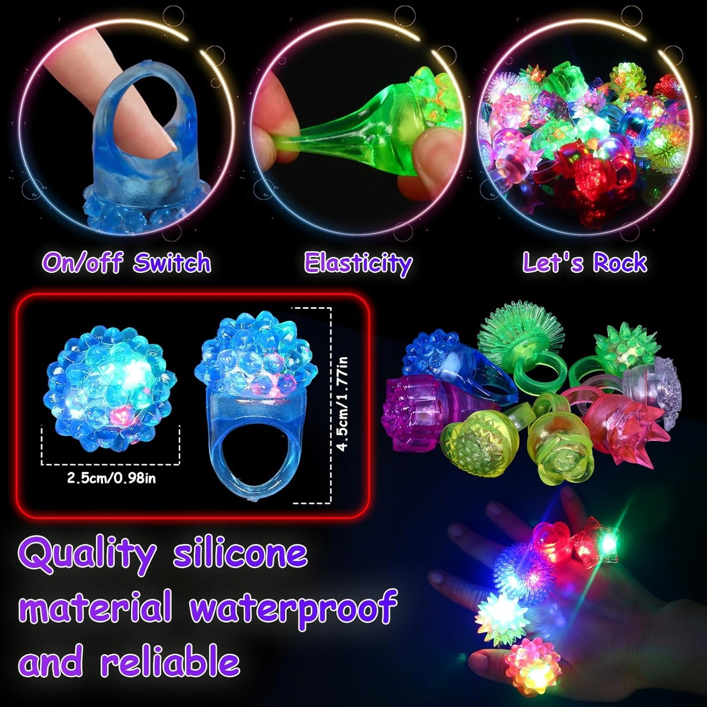 50 Pack Light Up Rings, Glow in The Dark Party Favors, 8 Style Flashing LED Jelly Finger Rings for Concert, Goodie Bag Fillers, Classroom Prizes,Raves, Halloween