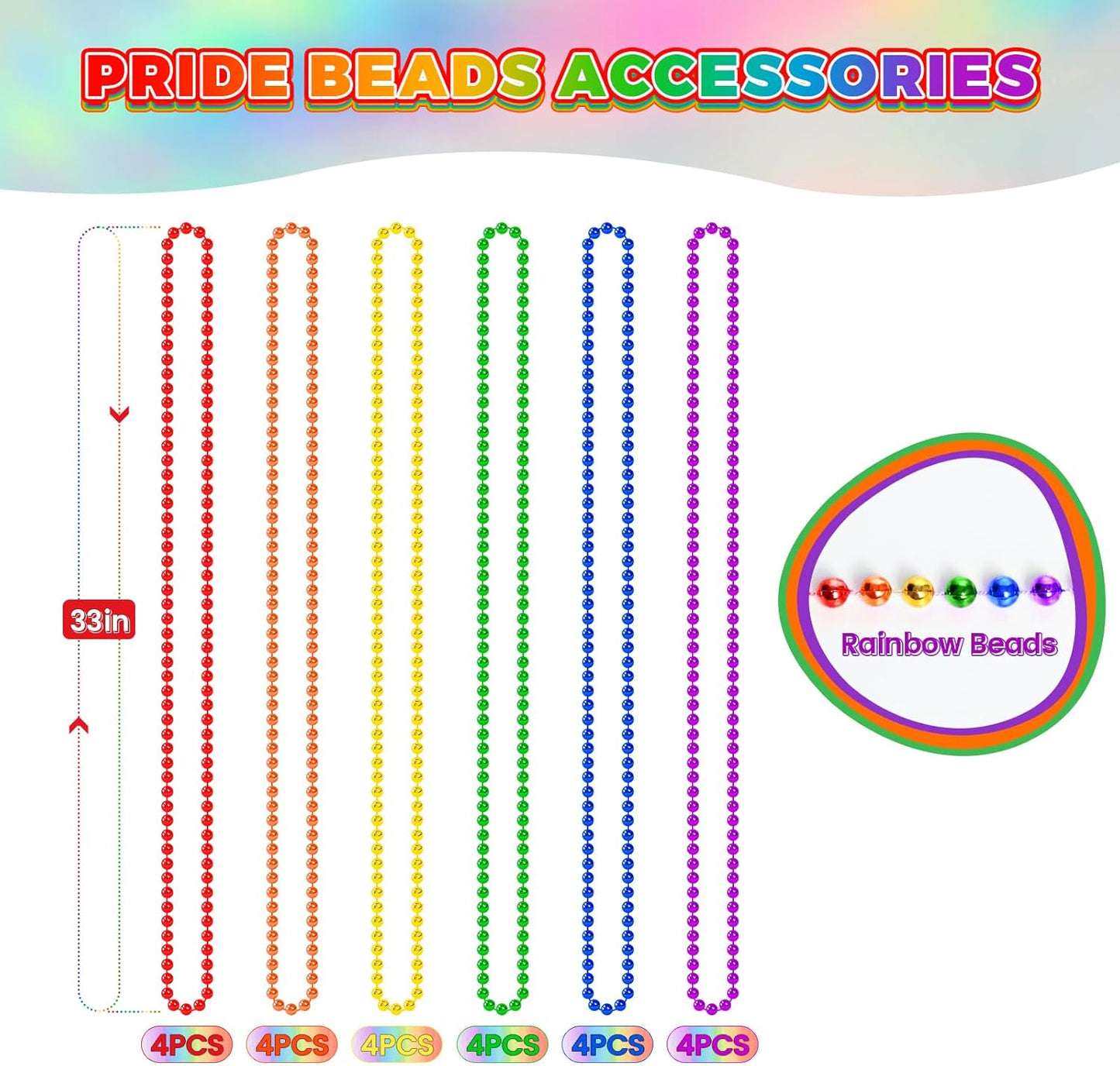 YAXINRUI 24 PCS Pride Beads Necklaces Bulk, LGBTQ Pride Beads Accessories Metallic Rainbow Bead Necklaces Stuff for Gay Lesbian Pride Month Parade Throws Pride Party Favors in 6 Colors
