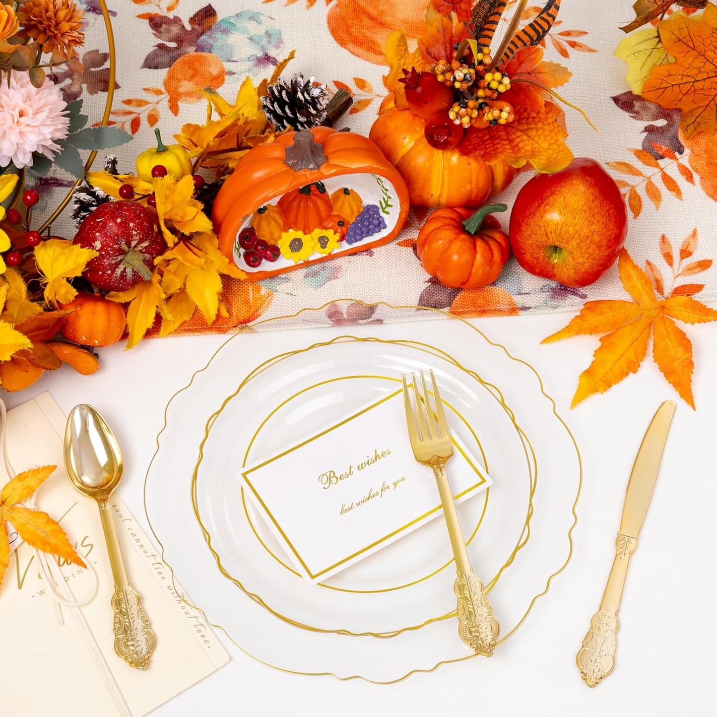 YOUBET 125PCS Thanksgiving Plastic Plates - Clear Gold Disposable Plates - 25 Guests Baroque Plastic Dinnerware Includes 25Dinner Plates, 25Dessert Plate, 75Silverware for Thanksgiving Party & Wedding