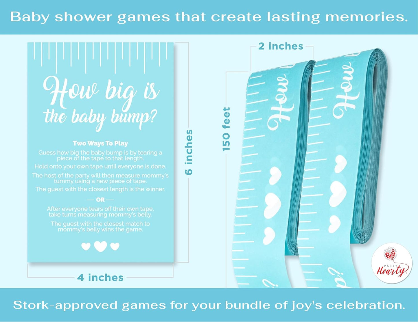 Party Hearty Funny Baby Shower Games for Boy Activities, 2 Rolls, 2 inch x 150 feet, Blue Tummy Measure, Fun & Easy Idea