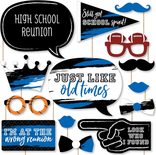 Big Dot of Happiness Class Reunion Photo Booth Props Kit - 20 Premium Cardstock Props, School Reunion Party Decorations, Memory Making Props, Blue