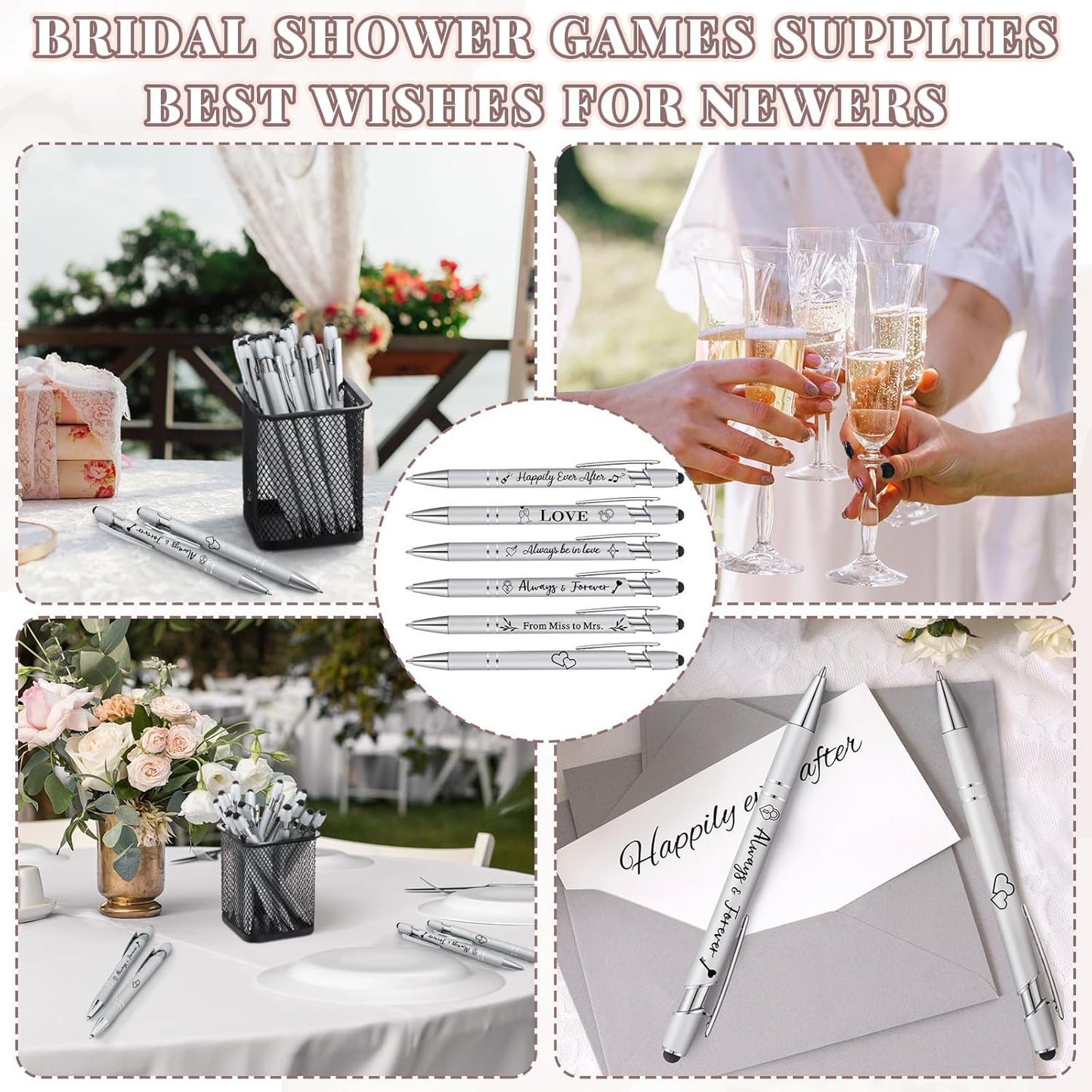 Kisston 36 Pcs Wedding Pens Bulk Bridal Shower Pens Favors Bachelorette 6 Styles Retractable Ballpoint Wedding Favors Supplies for Guest Game Office(Silvery)