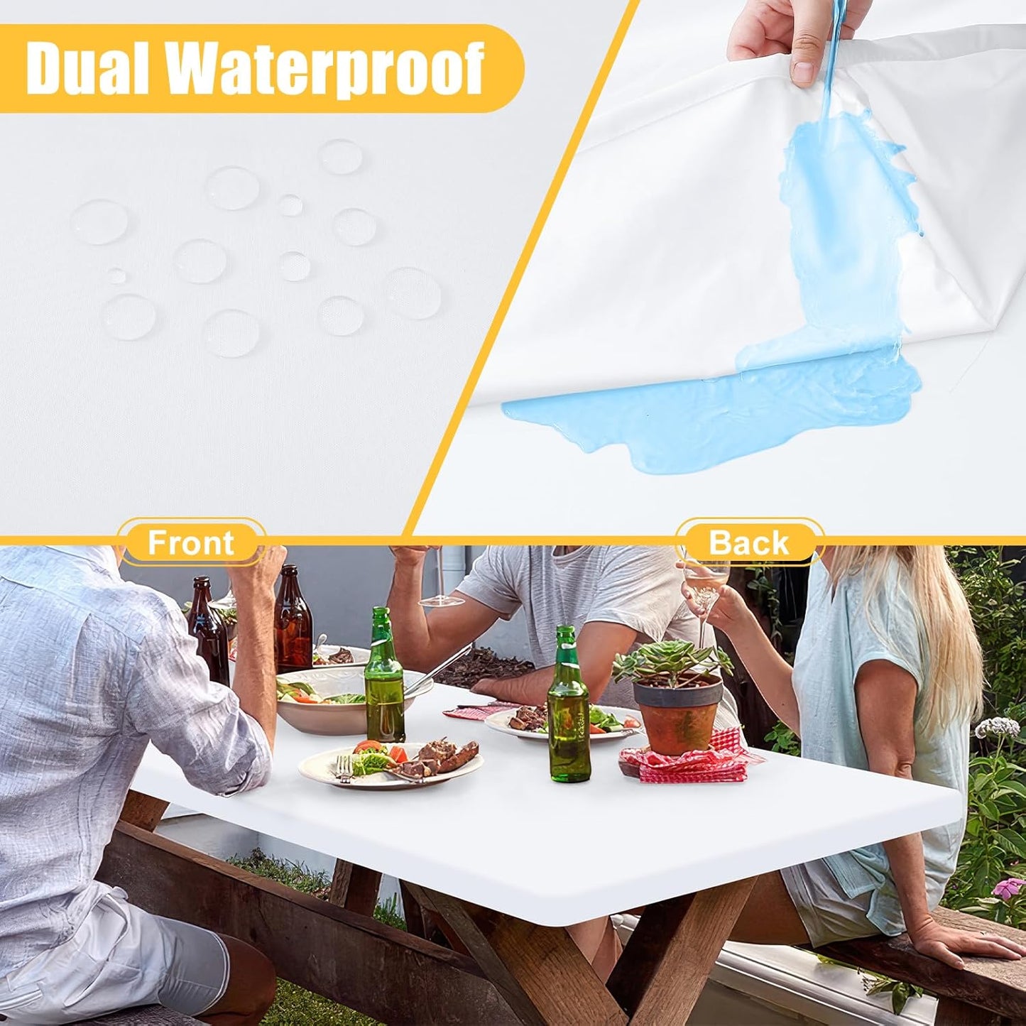 Rectangle Table Cloth, Waterproof Elastic Fitted Tablecloth for 4 Foot Folding Tables, Washable Polyester Tablecloths for Picnic, Camping, Outdoor (White, 24"x48")