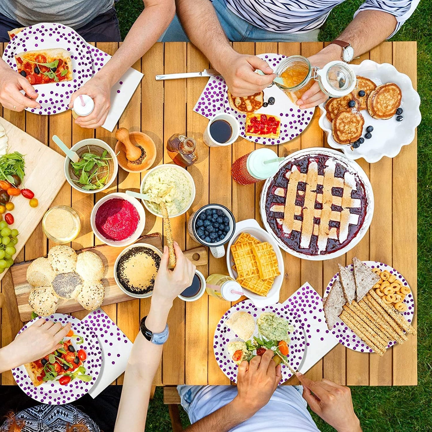 Purple and White Gold Paper Plates and Napkins 200Pack-100 x 7" Dessert plates & 100 x 6.5'' Napkins,Purple Paper Plates for Appetizers,Cakes and Salads,for Birthdays,Graduation,Carnival