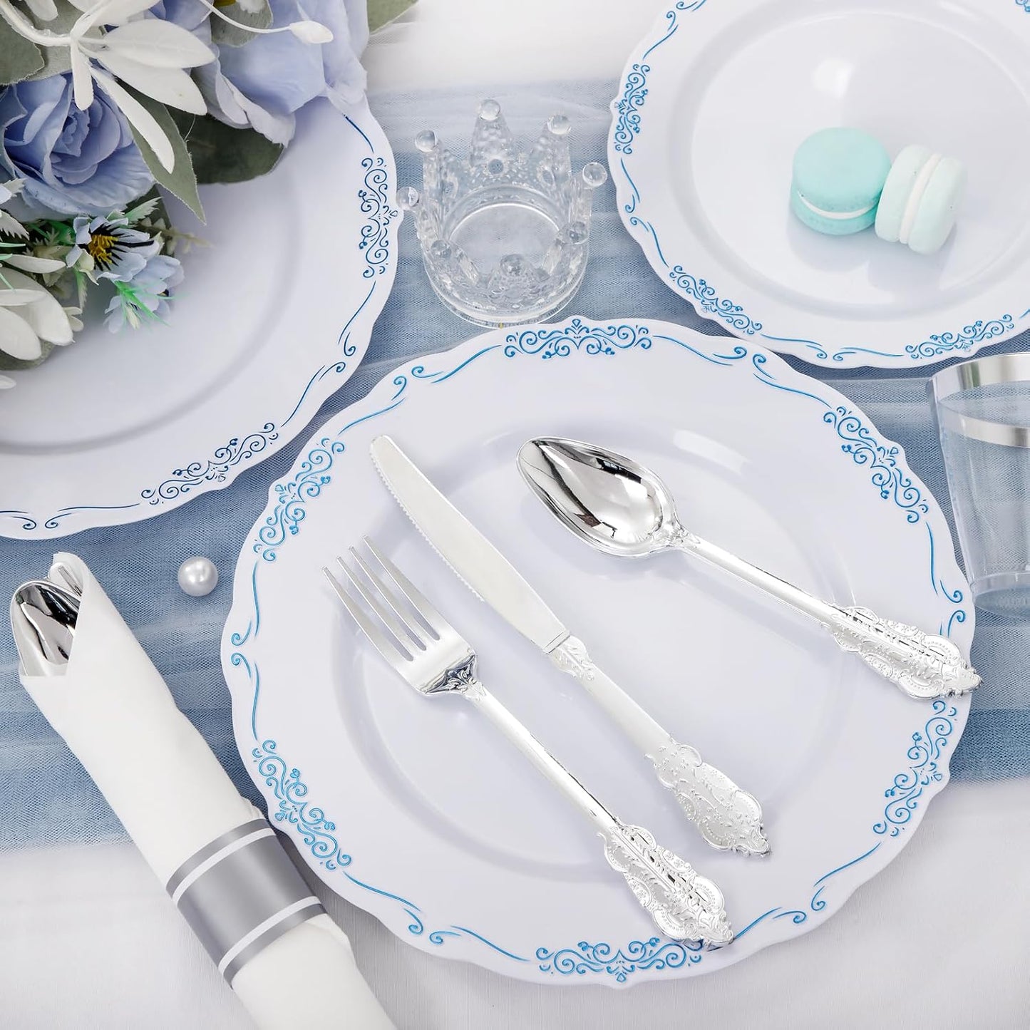 DaYammi 350Pcs Blue and White Plastic Plates Disposable Blue Plates for Party Include 50 Dinner plate,50 Dessert plate- 50 Per Rolled Napkins with Silver Cutlery- 50 Disposable Cups 9 OZ for Wedding