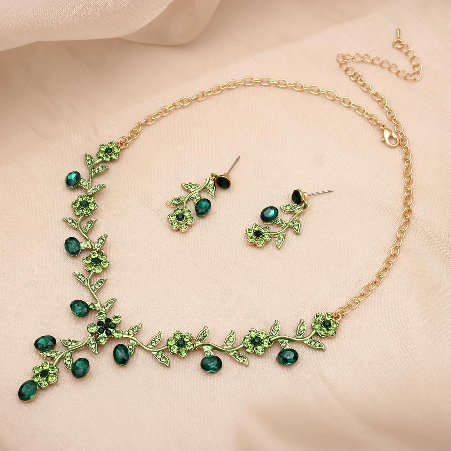 SFE Elegant Austrian Crystal Bridal Bridesmaid Wedding Jewelry Flower Leaf Necklace Dangle Earrings Link Bracelet Jewelry Set for Women