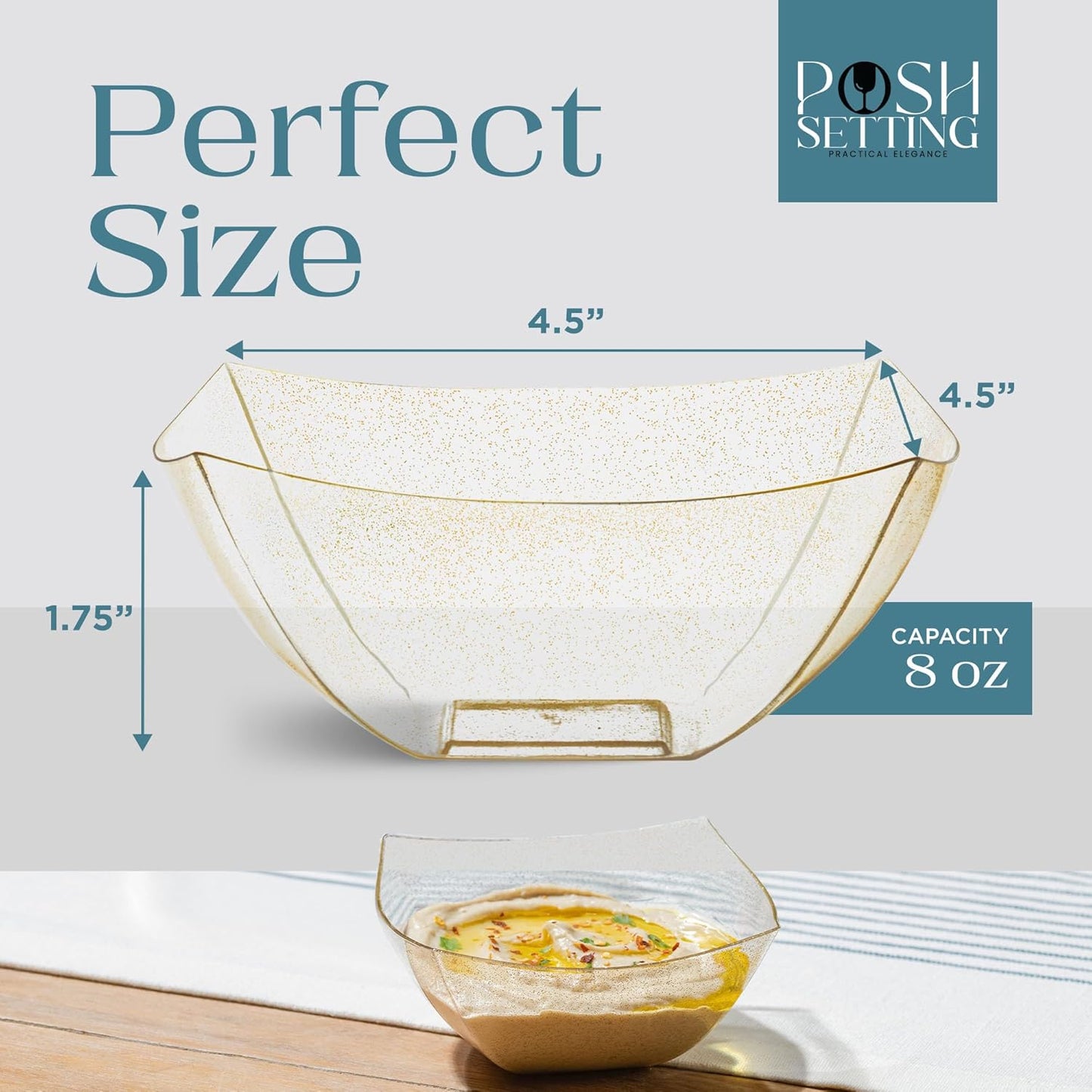 Posh Setting Gold Glitter Plastic Serving Bowls (8oz - 4 Pack) Square Disposable Containers for Party Table, Chips, Candy Buffet, and Salad