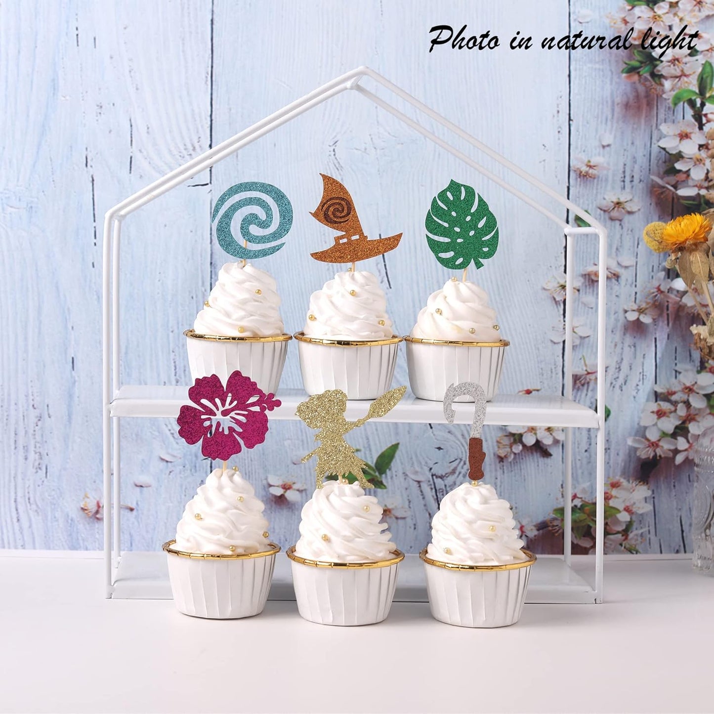 24 PCS Moana Inspired Cupcake Toppers Assembled Glitter Palm Leaf Flower Moana Cupcake Picks for Tropical Hawaiian Luau Theme Baby Shower Birthday Party Cake Decorations Supplies
