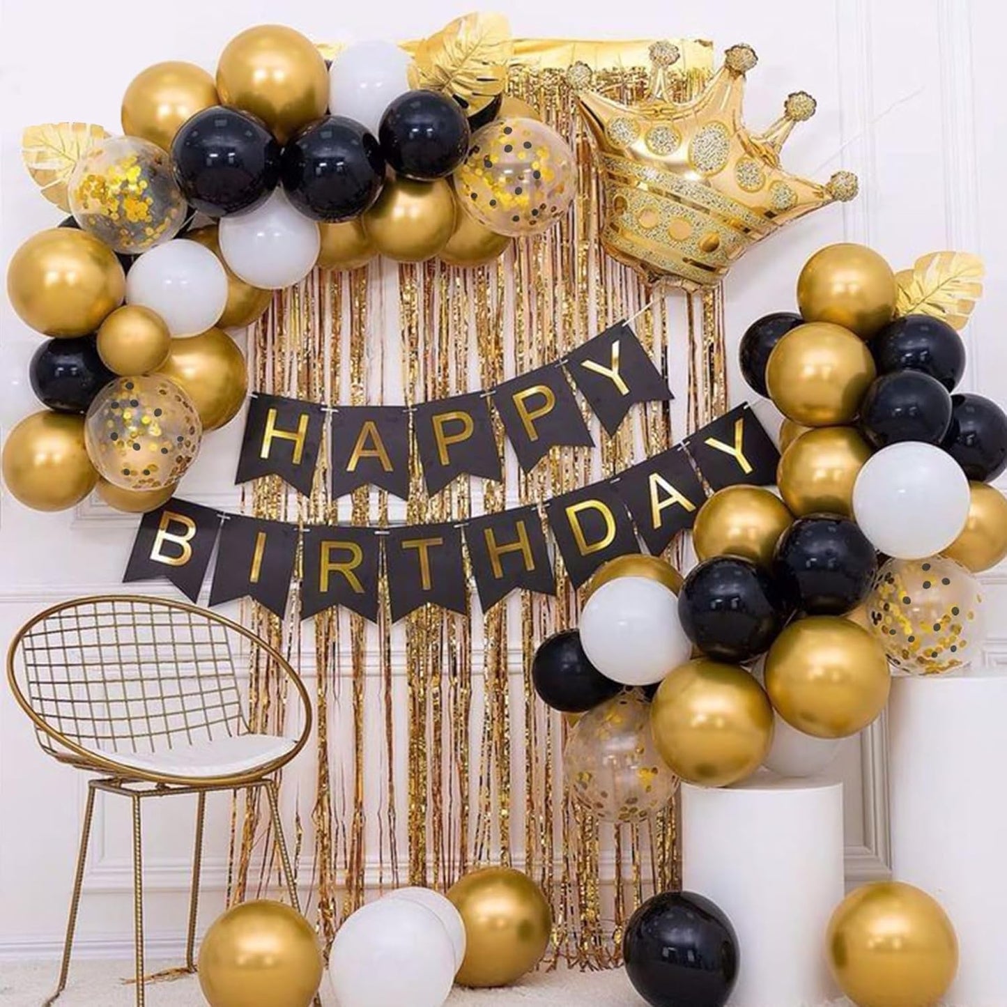 CANREVEL 50pcs 12 Inches Black Gold Confetti Balloons Kit, Metallic Gold and Black White Party Balloons with Ribbons for Birthday, Baby Shower, Graduation, New Year Decorations