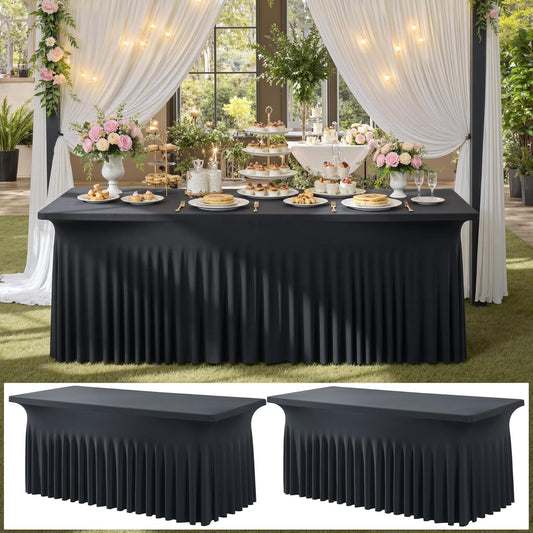 2 Pack Black Spandex Tablecloth 6ft with Ruffled Skirt,Wrinkle Free High Stretch Fitted Tablecloths for 6 Foot Rectangle Tables,Pleated Elastic Spandex Table Covers 6ft for Parties Wedding Banquet