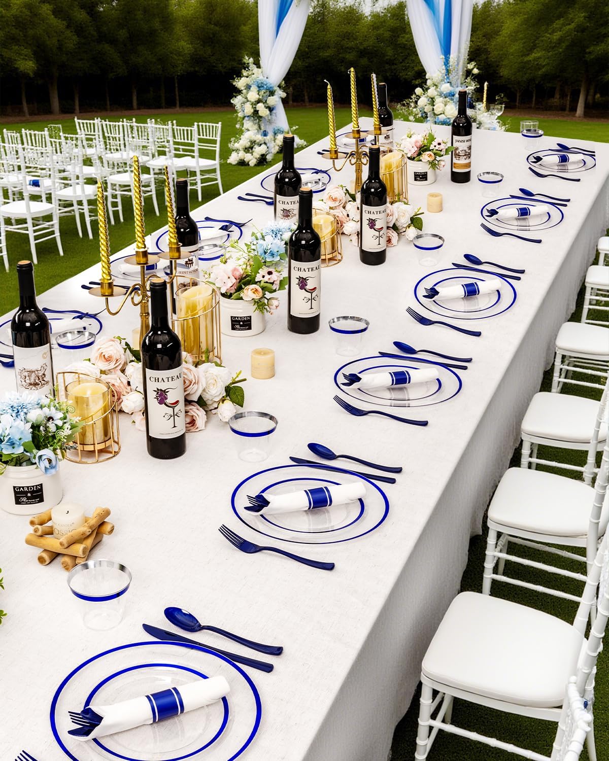 175Pcs Plastic Plates for Party, Disposable Clear Blue Dinnerware Set for 25 Guests, 50 Plastic Plates, 25 Cups, 25 Pre-Rolled Napkins with Cutlery for Party, Wedding, Thanksgiving, Christmas