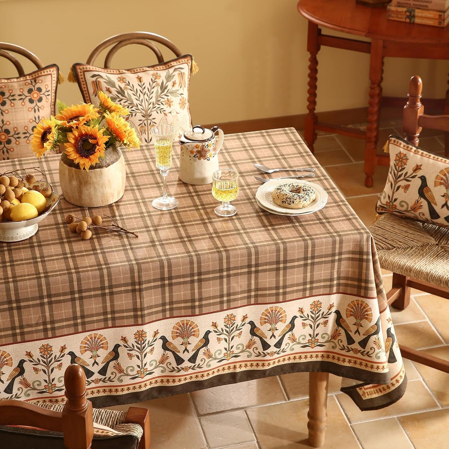 Vintage Brown Checkered Long Rectangle Tablecloth,Italian Floral Linen Wrinkle Free Table Cloth,Decor Table Cover for Kitchen,Dining,Thanksgiving,Christmas,Party,63"*94"-Seville