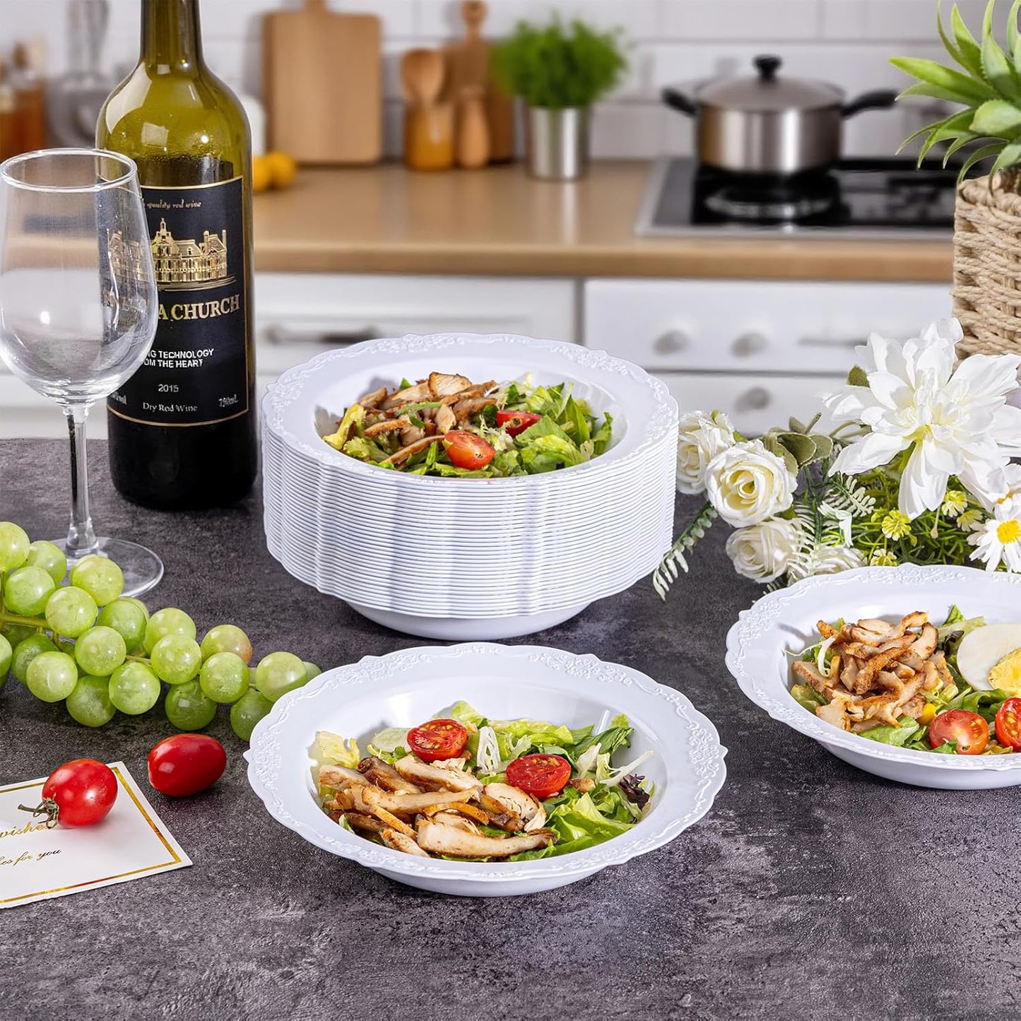 DaYammi 100 Pack Plastic Bowls, 12oz Disposable Soup Bowls, Heavy Duty Dinner Bowls for Weddings, Parties, Dinners, Catering and Everyday Use