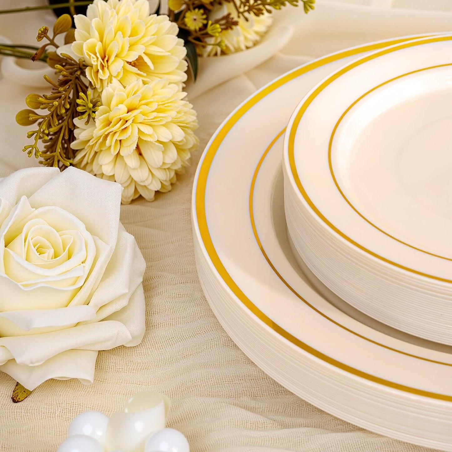 I00000 200 Pcs Gold and Ivory Plastic Plates, Ivory Disposable Party Plates Include 100 Dinner Plate 10’’ and 100 Plastic Dessert Plate 7’’ Perfect for Birthday, Party & Wedding