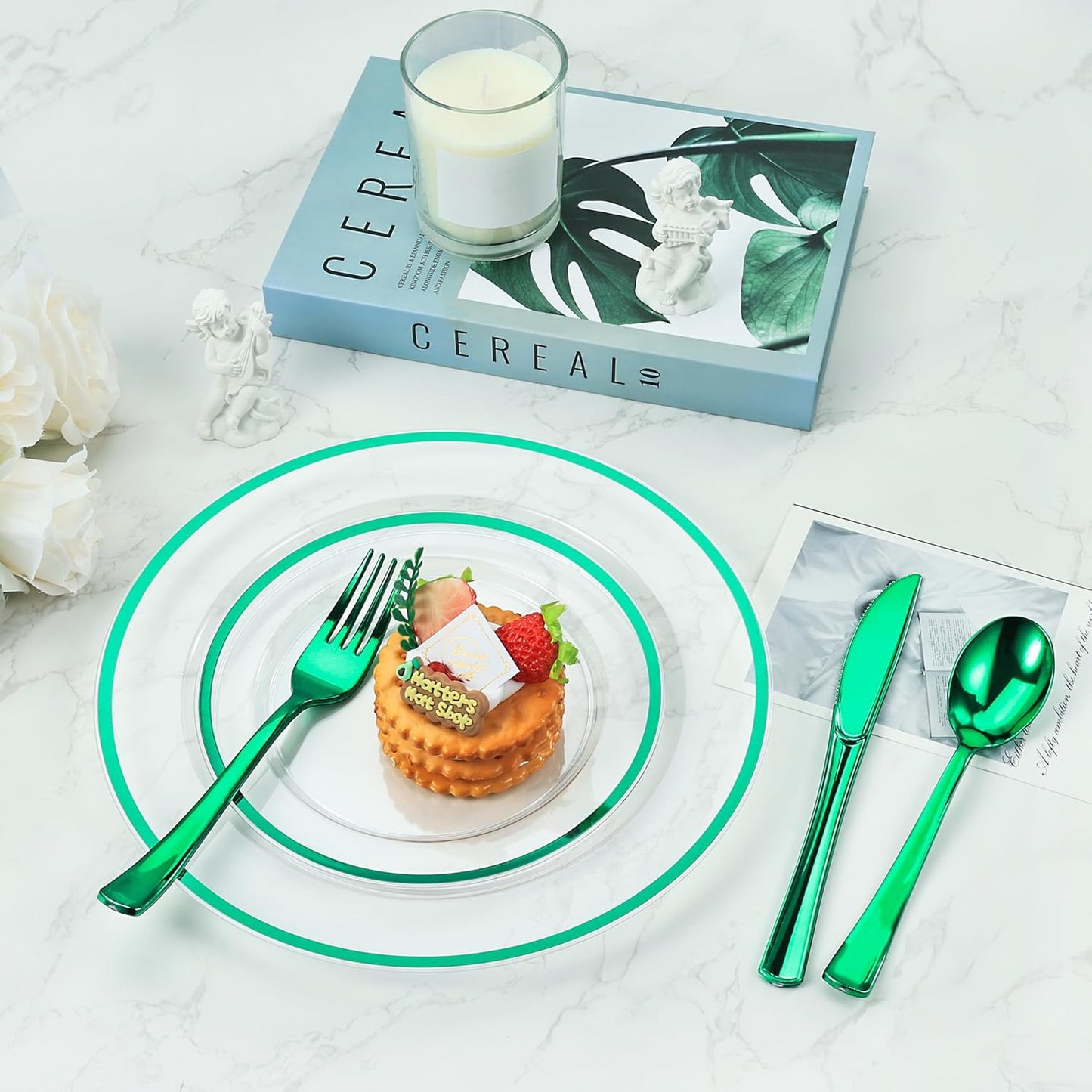 Goodluck 50 Set Green Pre Rolled Plastic Cutlery Set, Wrapped Silverware Set with 50 Forks, 50 Knives, 50 Spoons and 50 Napkins, Perfect for Party, Christmas, St.Patrick