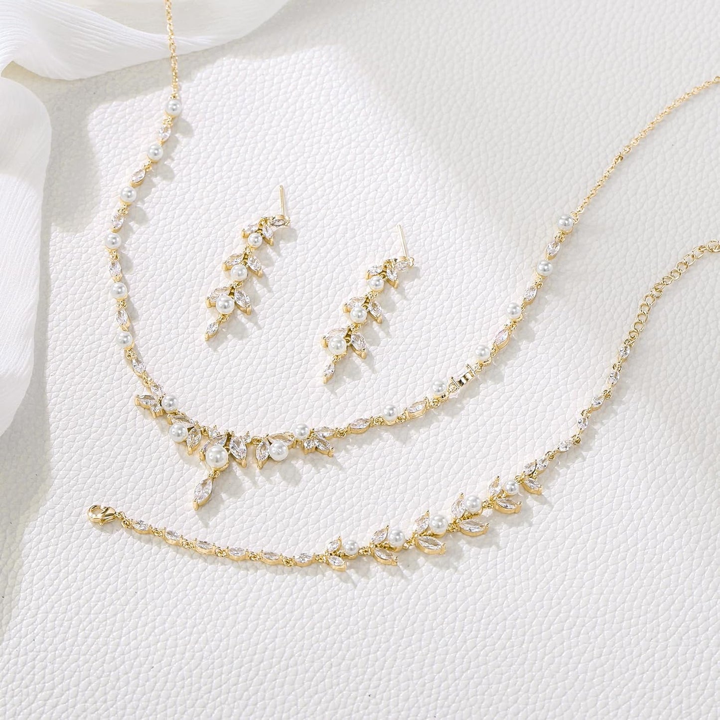 EleQueen Women's Simulated Pearl Wedding Jewelry Set, Cubic Zirconia Marquise Floral Bridal Necklace Earrings Bracelet Sets