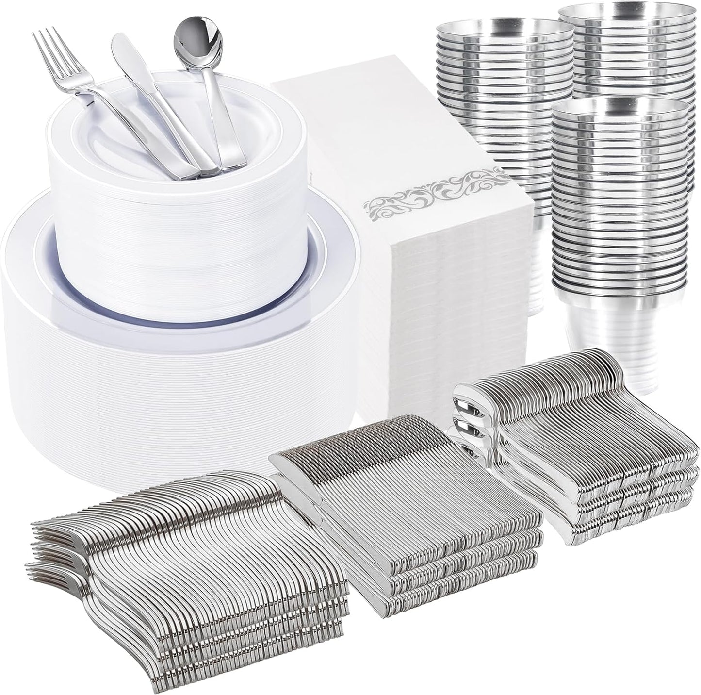 WELLIFE 700 Pieces Silver Plastic Dinnerware Set for 100 Guests - Includes Plates, Cups, Napkins, and Disposable Cutlery - Elegant White & Silver Design, Perfect for Parties and Events