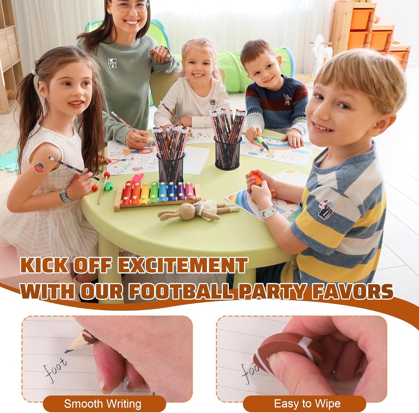 Aneco 170 Piece Football Party Favor Set Football Goodie Bag Stuffers Mini Card Pencil Sharpener Eraser Stamp Slap Bracelet Sticker School Stationery Bulk for Sport Party Team Game Prize Birthday Gift