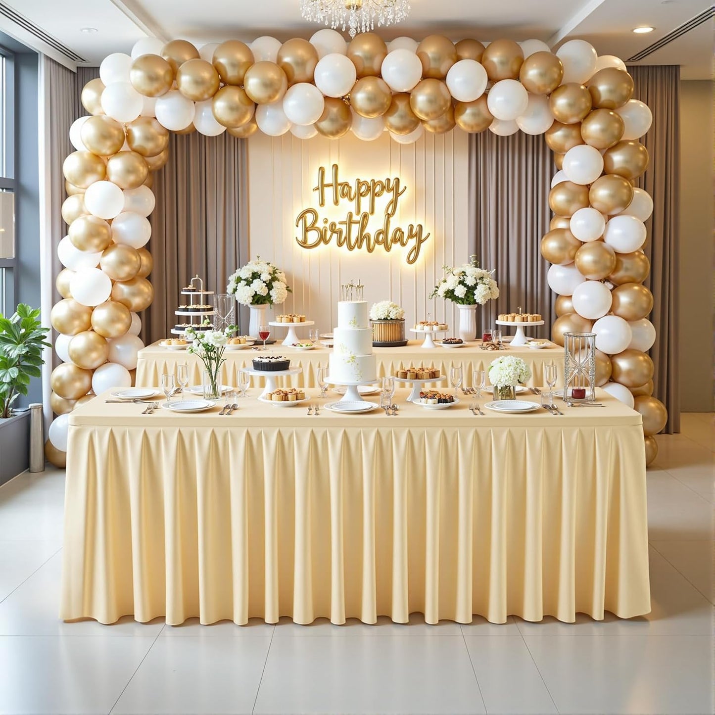 6 Pack Beige Rectangle Tablecloth 8 FT Stretch Spandex Fitted Table Cloth for 8 Foot Rectangle Tables Banquet Tablecloths Wrinkle Free Table Cover Skirt Ruffle Tablecloth for Party Wedding Birthday