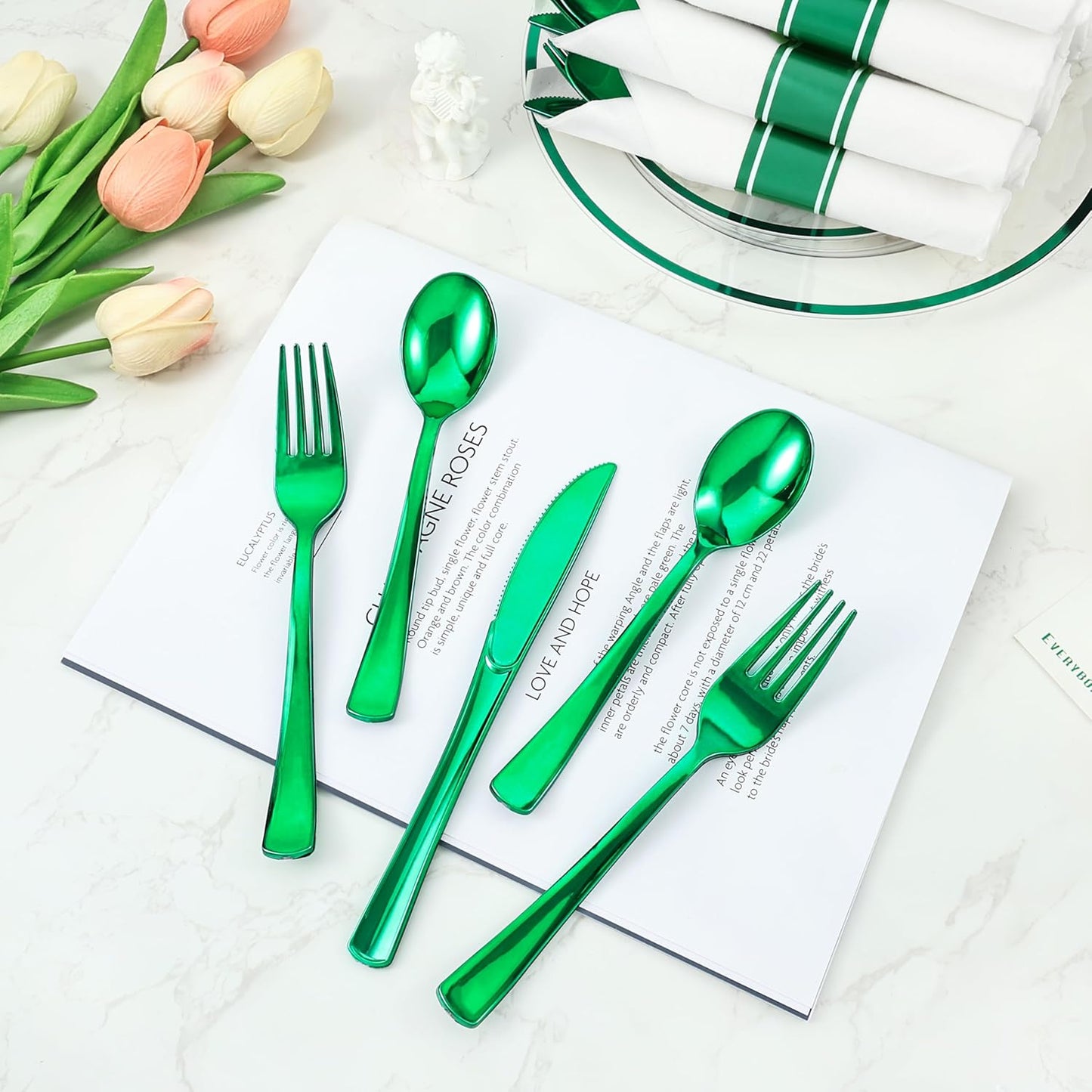 Goodluck 50 Set Green Pre Rolled Plastic Cutlery Set, Wrapped Silverware Set with 50 Forks, 50 Knives, 50 Spoons and 50 Napkins, Perfect for Party, Christmas, St.Patrick