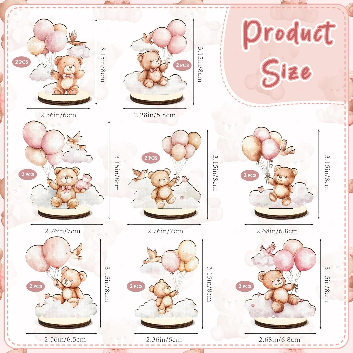 16 Pcs Wooden Baby Shower Table Centerpiece Pink Bear Tabletop Detachable Sign It's A Girl Gender Reveal Table Toppers Display Decoration Bear Birthday Photo Props Party Favor Supplies