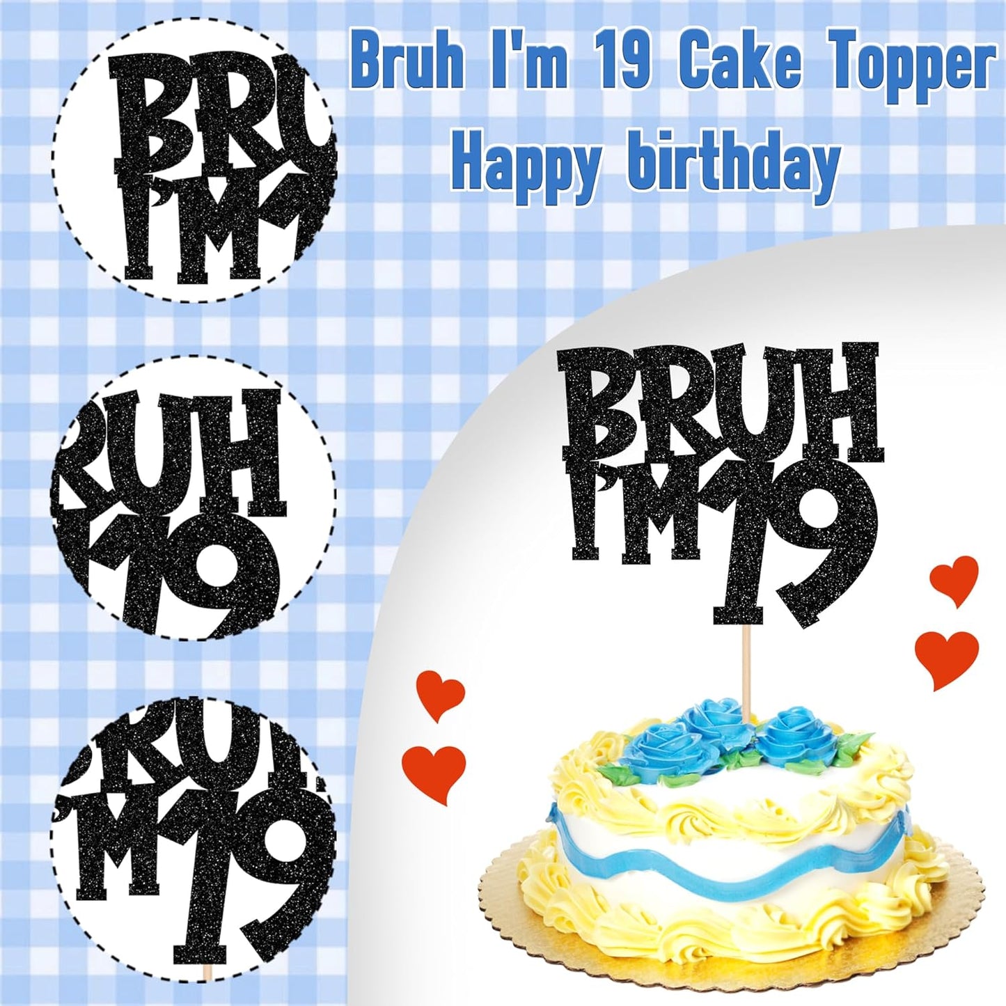 1 PCS Bruh I'm 19 Cake Topper Black Glitter Happy 19th Birthday Cake Pick Bro I'm 19 It's My 19th Birthday Cake Decoration for Cheers to 19 Years Birthday Party Decorations Supplies