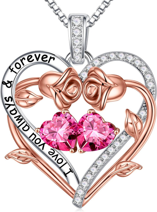 Iefil Rose Heart Double Birthstone Necklace Gifts for Wife Her Mom Women, Birthstone Jewelry Gemstone Birthday Gifts for Girlfriend Grandma Her Wife Women