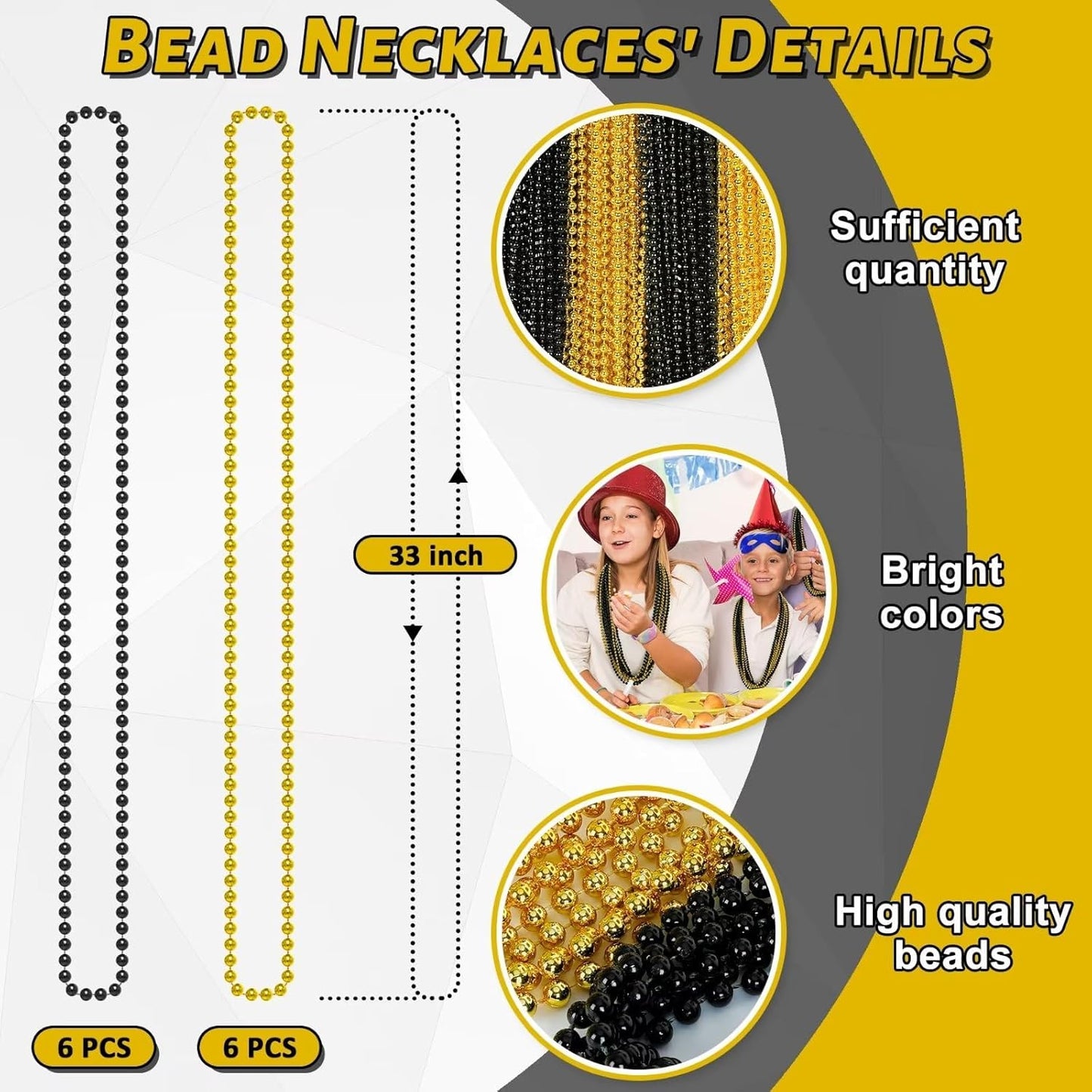 12PCS New Years Eve Bead Necklace, Black Gold Bead Costumes Necklace Party Supplies, 33" New Years Eve Necklaces Accessory Sets, Festival Parade Throw for Mardi Gras Celebrations Decorations