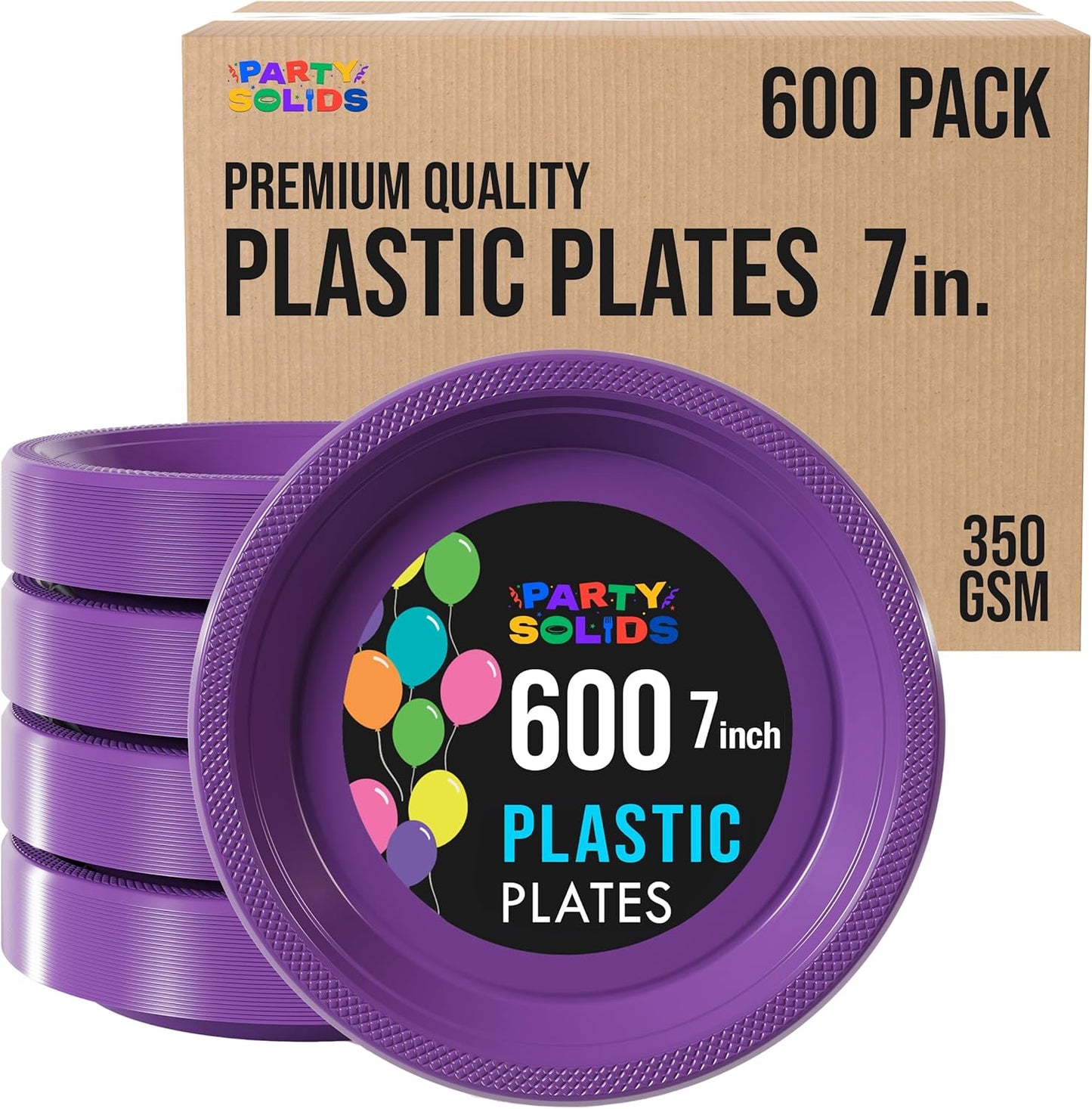 Party Solids Purple Plastic Plates Bulk 7" Purple Disposable Plates For Party Supplies 600 Pieces Disposable Dinner Plate Heavy Duty 350 GSM Plate Sets, Plastic Dinnerware Sets