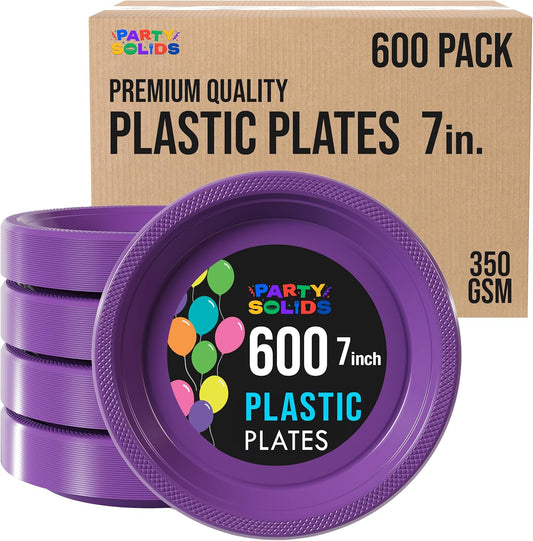 Party Solids Purple Plastic Plates Bulk 7" Purple Disposable Plates For Party Supplies 600 Pieces Disposable Dinner Plate Heavy Duty 350 GSM Plate Sets, Plastic Dinnerware Sets