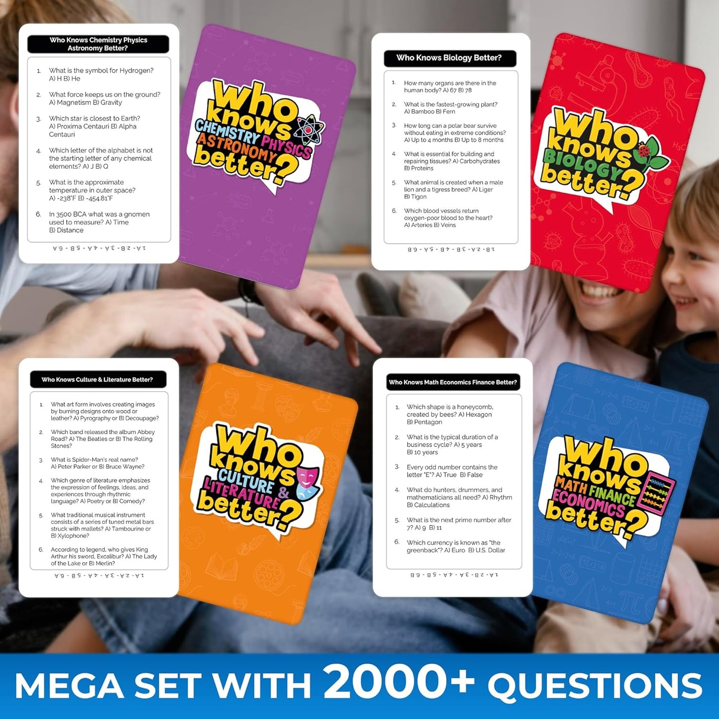 QUOKKA Board Games for Kids 8-12 and Family - Set of 4 Who Knows It Better? - 2000+ Questions Across Biology, Culture, STEM and Math - Educational Trivia Cards for Learning and Game Night