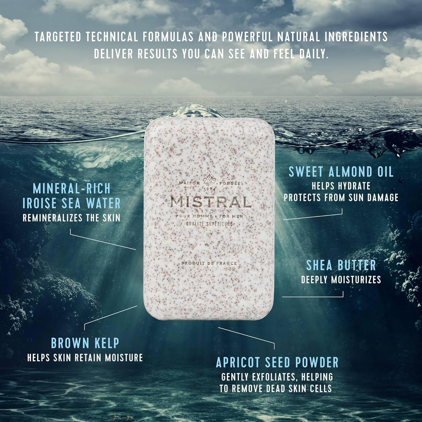 Mistral Exfoliating Bar Soap for Men - 8.8 oz | Luxury French Scrub Bar with Apricot Seed Powder, Marine Minerals, Shea Butter, pH‑Balanced, Sulfate‑Free, Daily Use | Natural Men's Body Soap