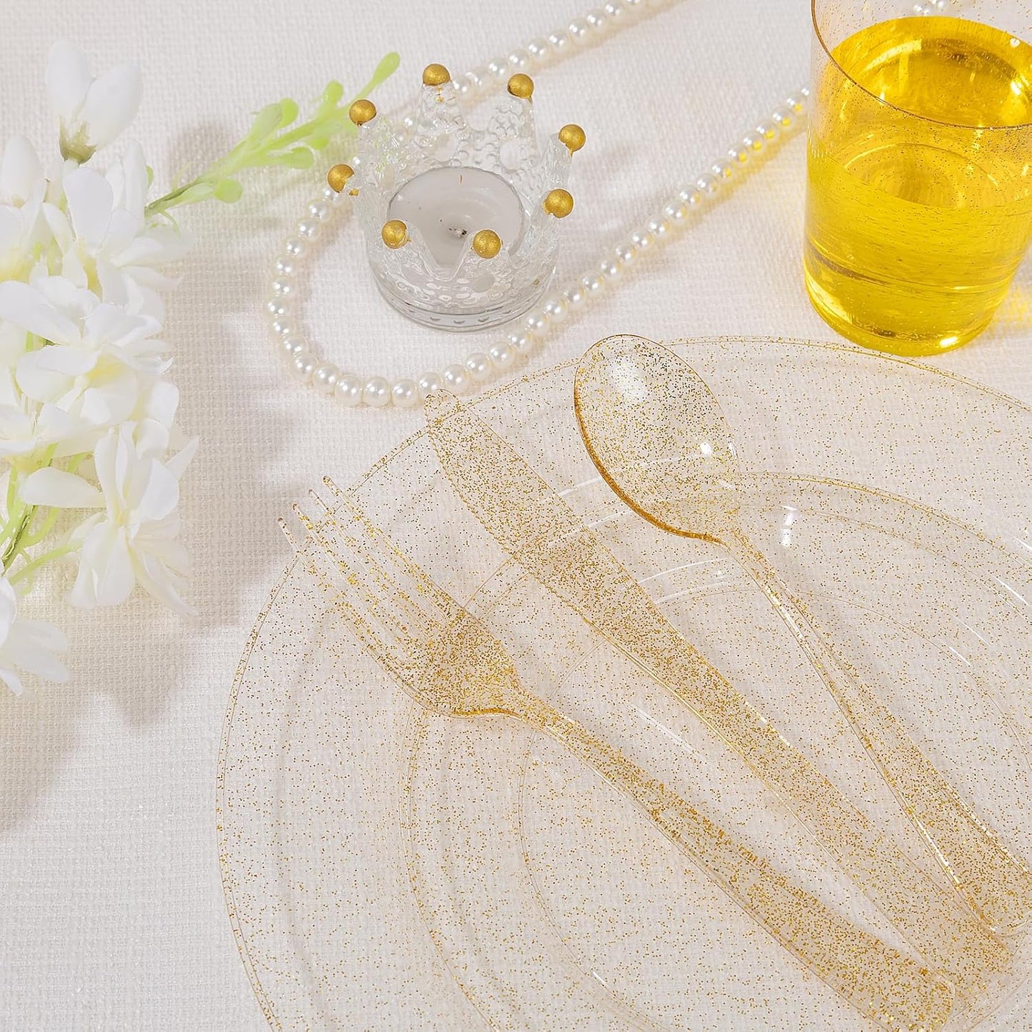 Supernal 400pcs Gold Glitter Plastic Dinnerware, Disposable Plates for Party Include 50 Gold Plastic Plate, 50pcs Dessert Plate 100 Glitter Forks, 50 Disposable Knives and Spoons, 50Cups and Napkins