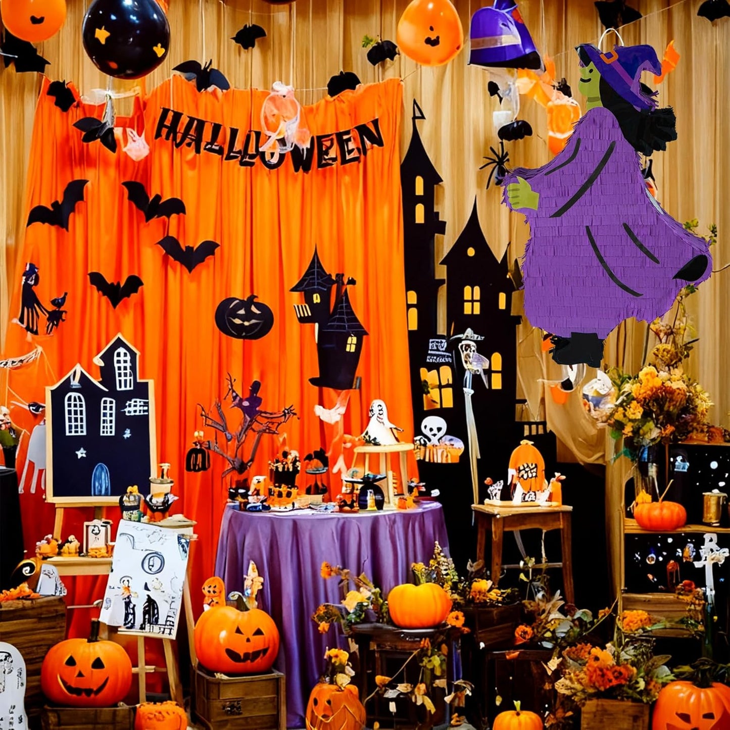 PCFING 21.6 Inch Halloween Witch Piñata with 30 Inch Piñata Stick Blindfold Confetti for Boy Girl Adults Halloween Wicked Scary Party Decorations，Candy Game，Trick Treat Party