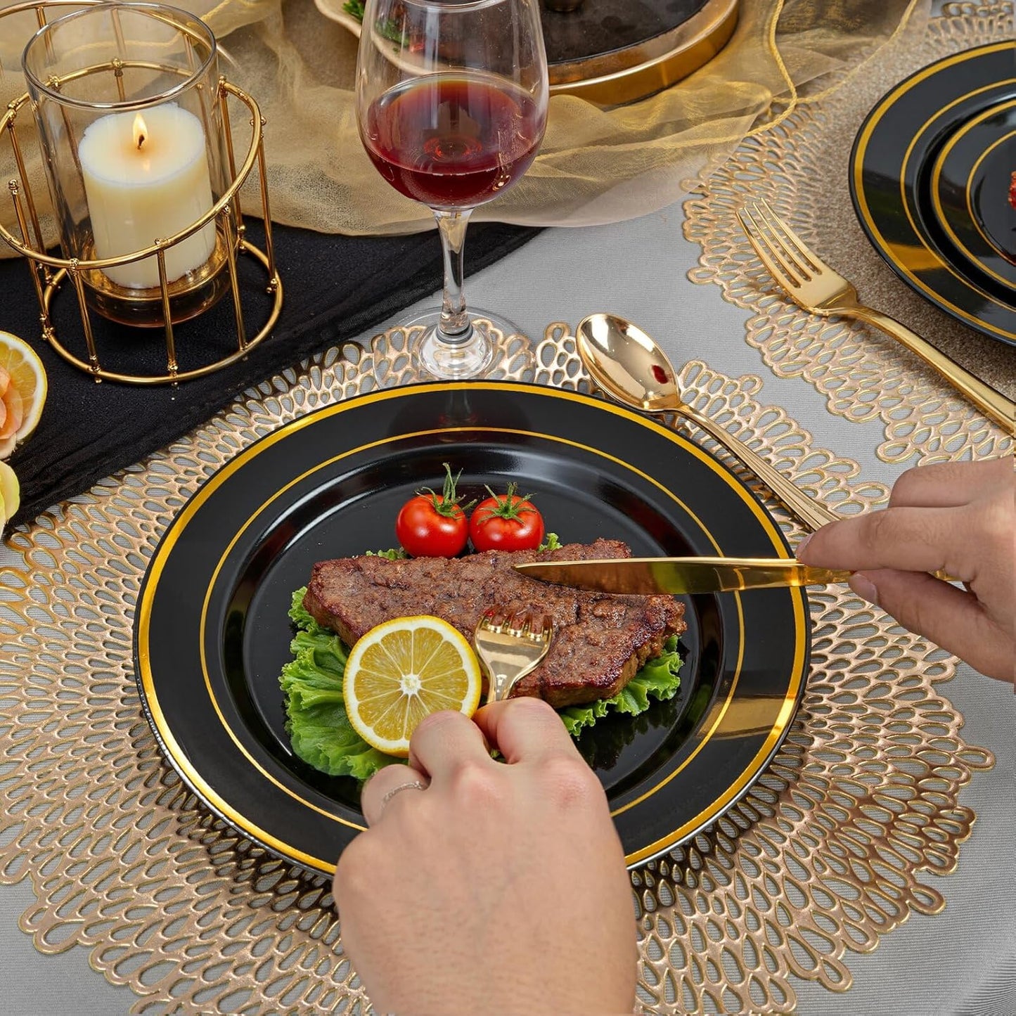 175PCS Black and Gold Plates - Black Disposable Plates for Party - 25Guests Disposable Dinnerware Set for New Year/Wedding