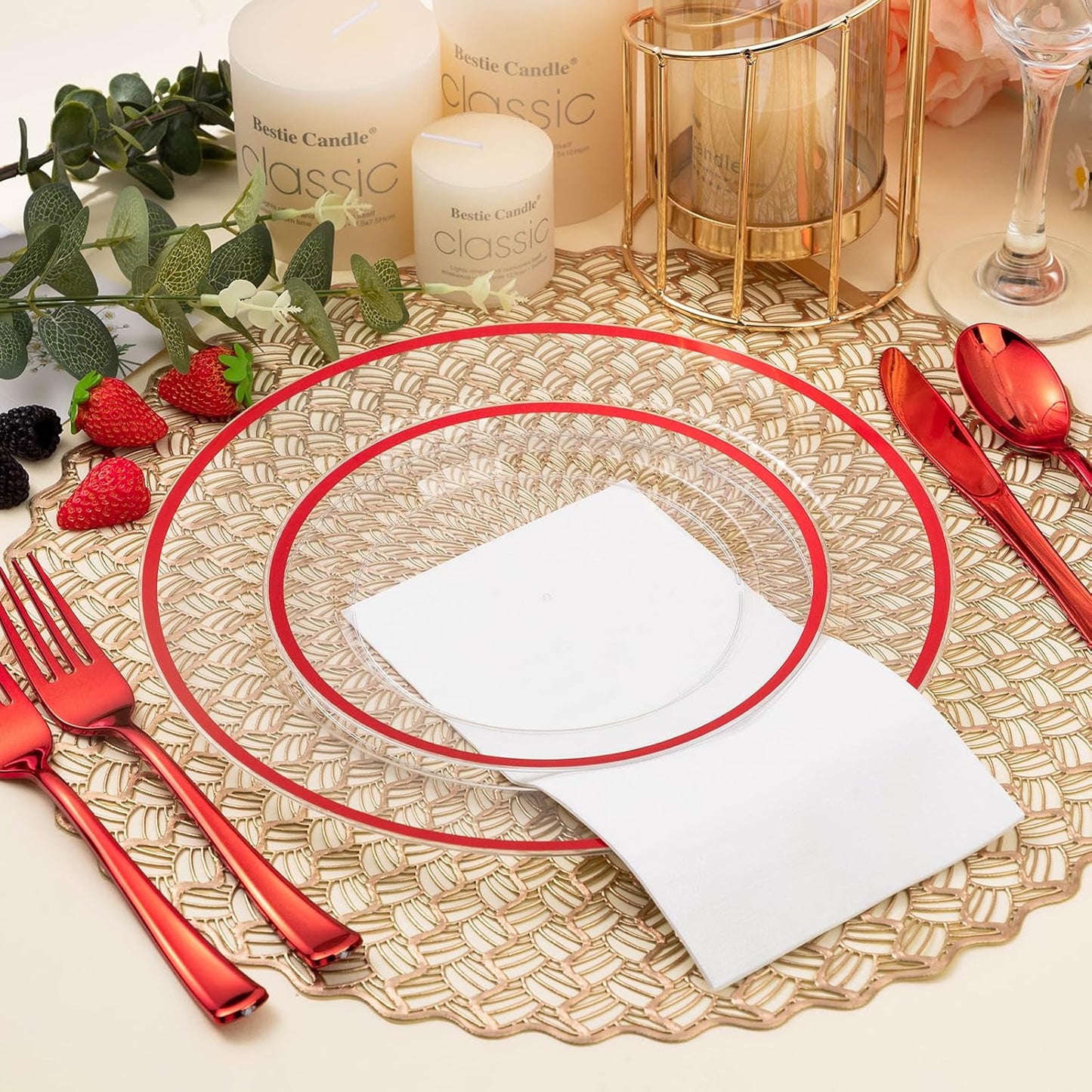 200PCS Red and Clear Plastic Plates, Disposable Plate Set with 100 Dinner Plate and 100 Dessert Plates for Party, Christmas, Valentine's Day