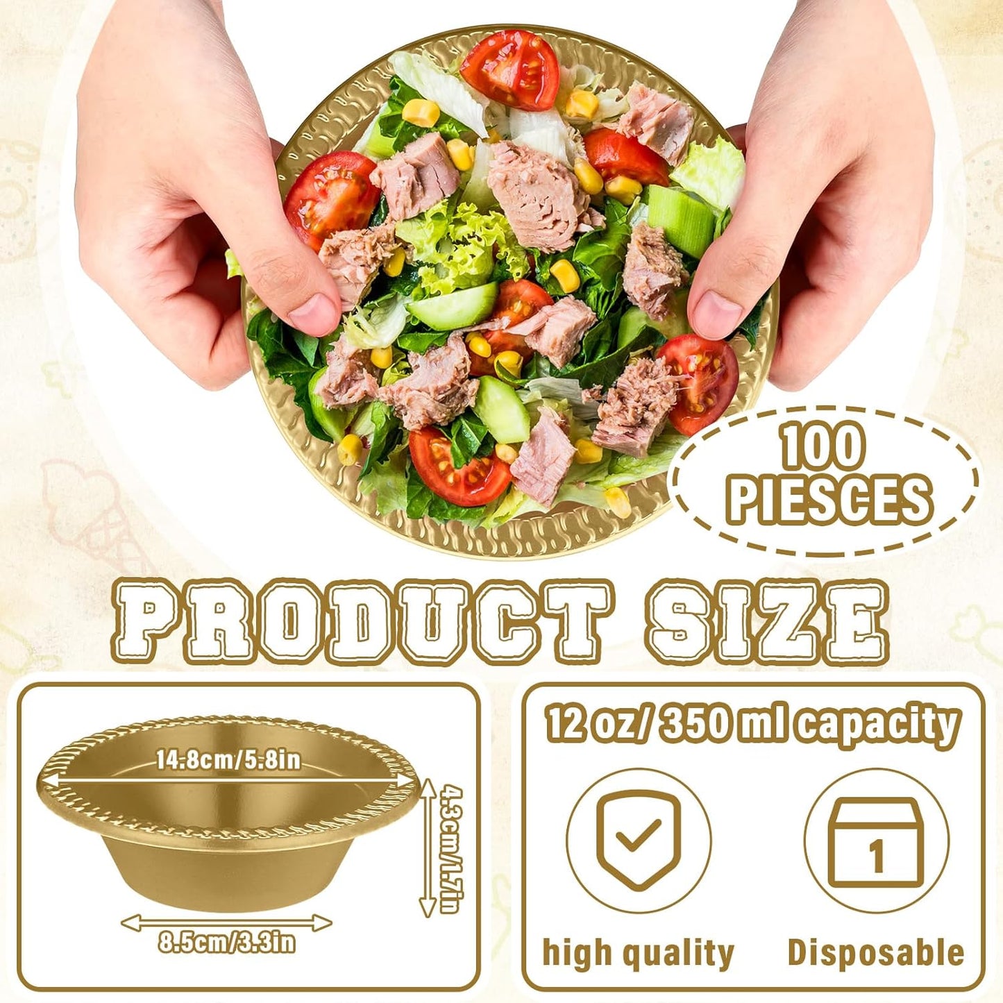 Lallisa 100 Pcs 12oz Gold Disposable Plastic bowls Dessert Cups Ice Cream Snack Salad Soup Food Serving Bowls for Party Favor Picnic