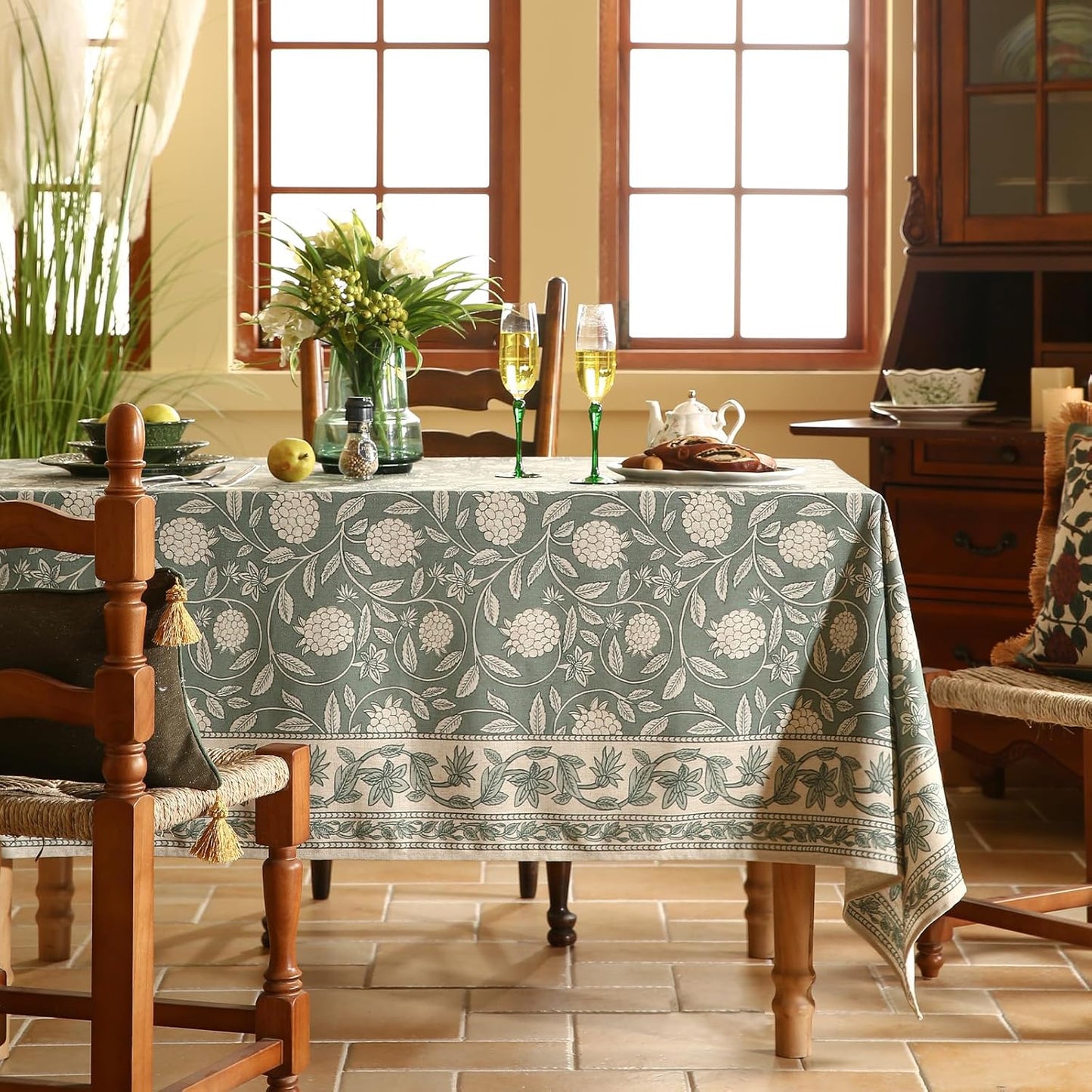 ISAENNE Designer Grayish Green Linen Small Square Tablecloth,Floral Stain Resistant Table Cloth,Fall Vintage Decor Tablecloths for Dining Thanksgiving Kitchen Tea Party,55"*55"-Andrew A