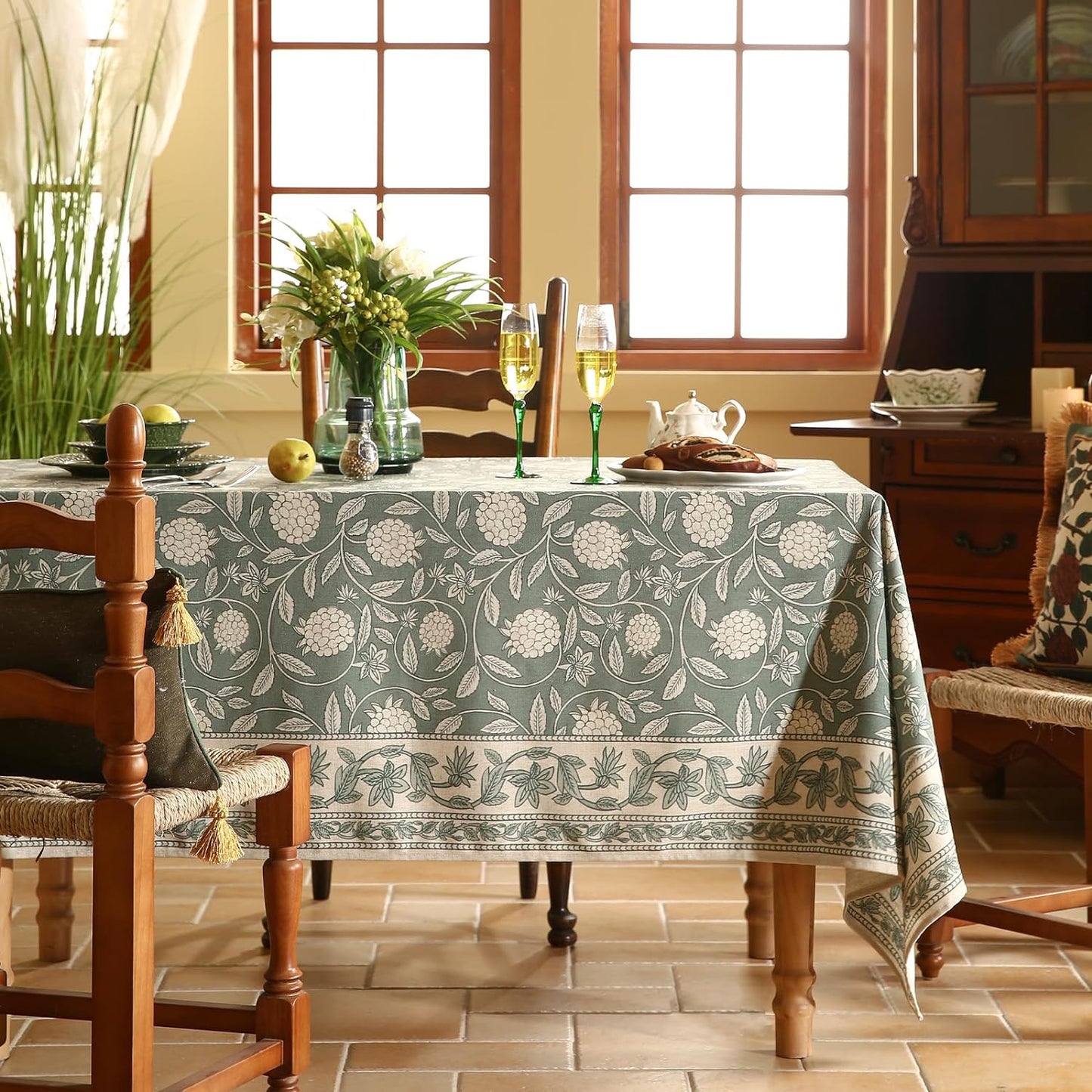 ISAENNE Designer Grayish Green Linen Rectangular Tablecloth,Floral Stain Resistant Table Cloth,Fall Vintage Decor Tablecloths for Dining Thanksgiving Kitchen Party,55"*79"-Andrew A