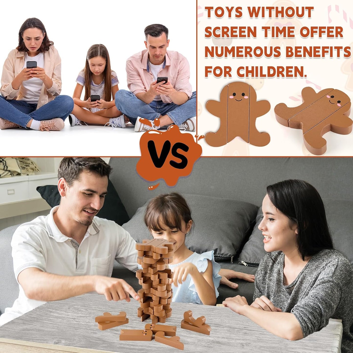 Tower Stacking Game Winter Christmas Family Reunion Games Gingerbread Man Wooden Blocks Tumbling Tower and Balancing Game for Adults Team Building Friends Group Coworkers Games Fun Party Activities