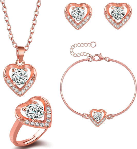 4pcs Cubic Zirconia Wedding Jewelry Sets for Bride Bridesmaid Cubic Zirconia Pendant Necklace Earrings Link Tennis Bracelet Open Ring Set for Women