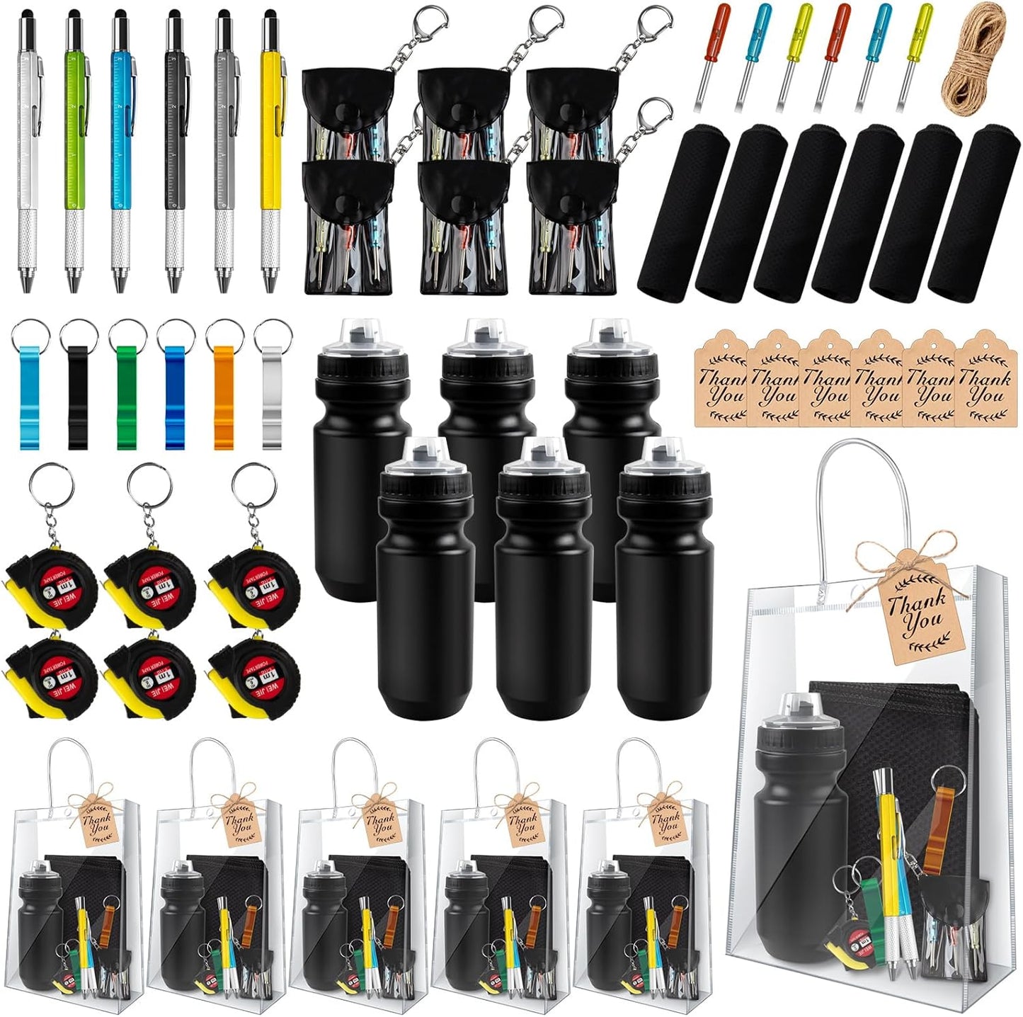 6 Sets Baby Shower Prizes for Men with Kettle Ruler Pen Cooling Towel Tool Kit Bottle Opener Cardboard Hemp Rope Plastic Bag for Baby Shower Game Winners Men Bachelor Party