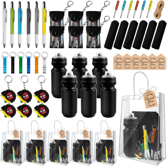 6 Sets Baby Shower Prizes for Men with Kettle Ruler Pen Cooling Towel Tool Kit Bottle Opener Cardboard Hemp Rope Plastic Bag for Baby Shower Game Winners Men Bachelor Party