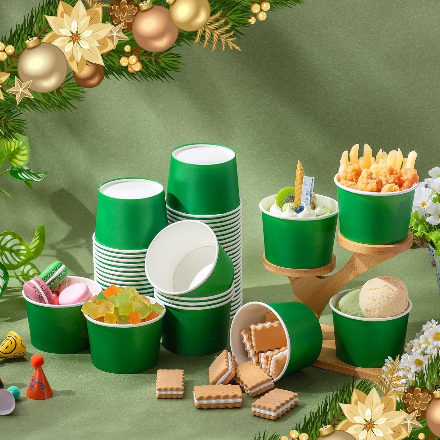 Paper Ice Cream Cups 9oz Colored Disposable Dessert Bowls for Hot or Cold Food Party Cups for Birthday Baby Shower Easter Party Supplies(Green,60 Pcs)