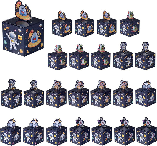 HappFestiv 24 Pcs Space Party Favor Boxes, 2.17inch Galaxy Themed Foldable Goodie Boxes with Astronaut Alien Rocket Planet, Treat Boxes for Candy Snacks Gifts, Birthday Baby Shower Party Supplies