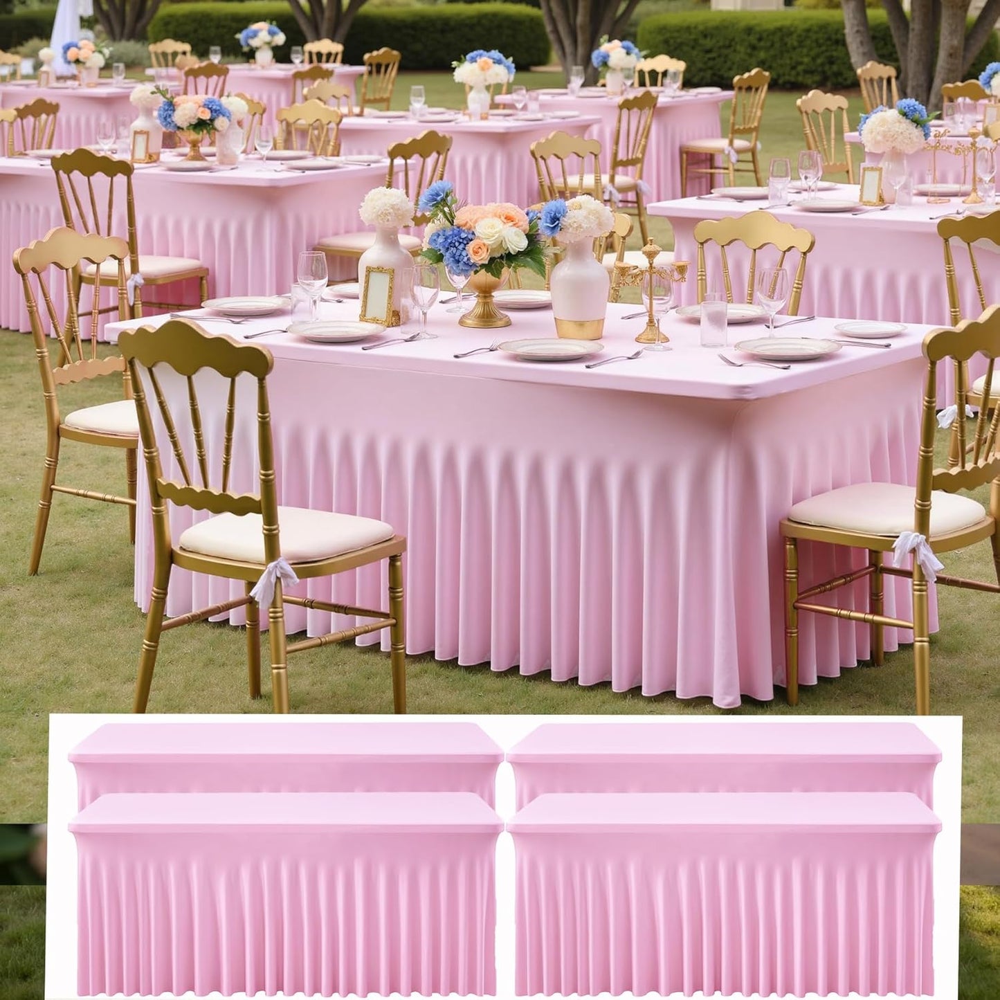 NSSONBEN 4 pk Baby Pink Spandex Tablecloth 6ft with Ruffle Table Skirt, Wrinkle Free Stretchy Fitted Tablecloths for 6 Foot Rectangle Tables, Elastic Spandex Table Covers for Weddings Parties Banquet